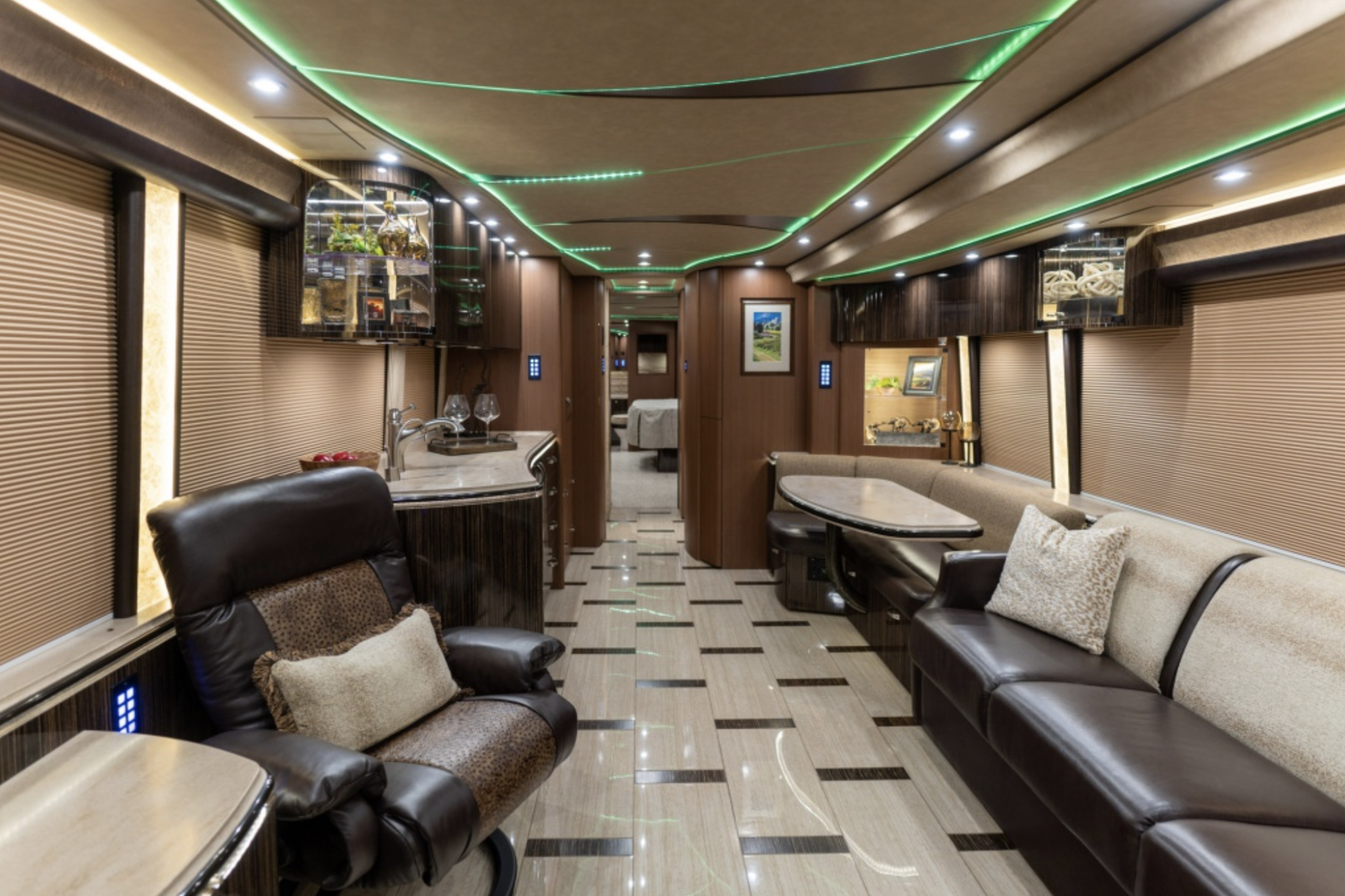 Interior of Marathon Coach, seating area with wood accents