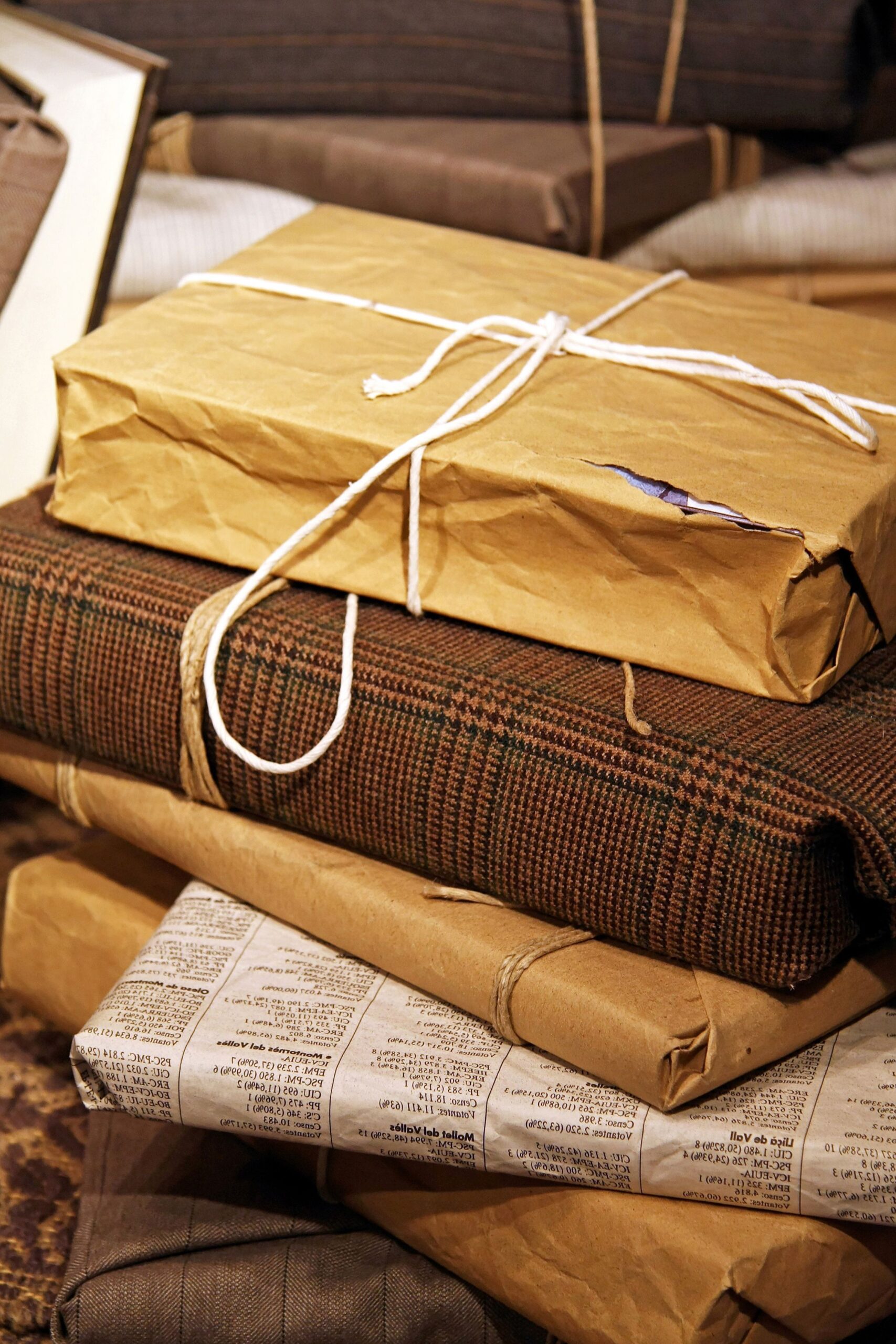 Big stack of gifts wrapped in recycled paper