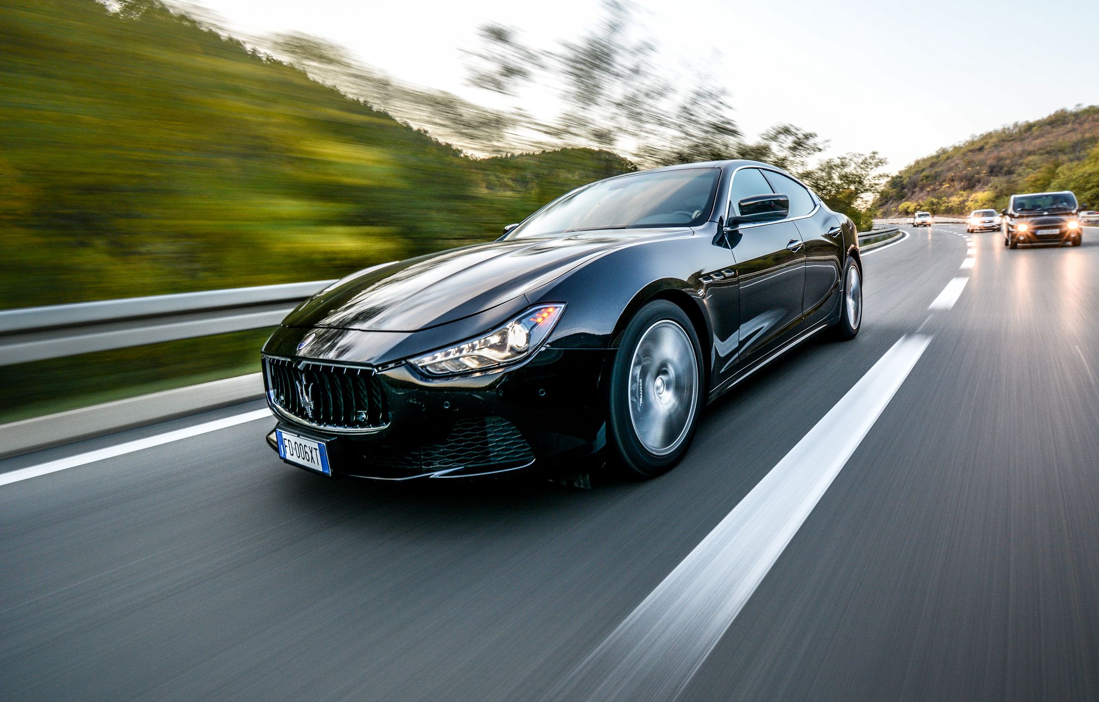 Maserati Ghibli is new model. Speed is about 120km/h Shoot in motion from another car, on highway in Serbia, Belgrade. October 16, 2019