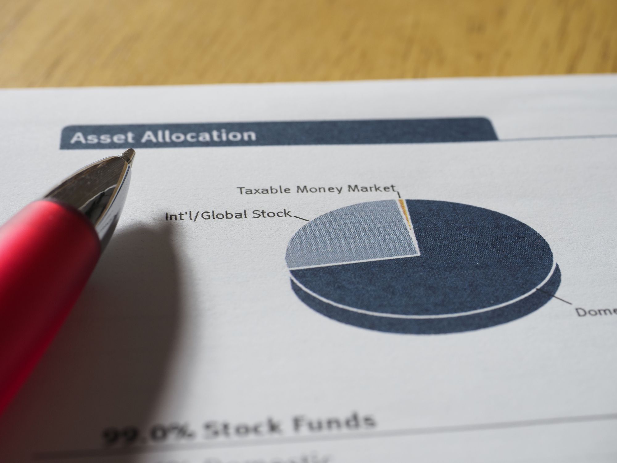 Close up of a pie chart showing the asset allocation for an investment portfolio, with a red pen and shadows.