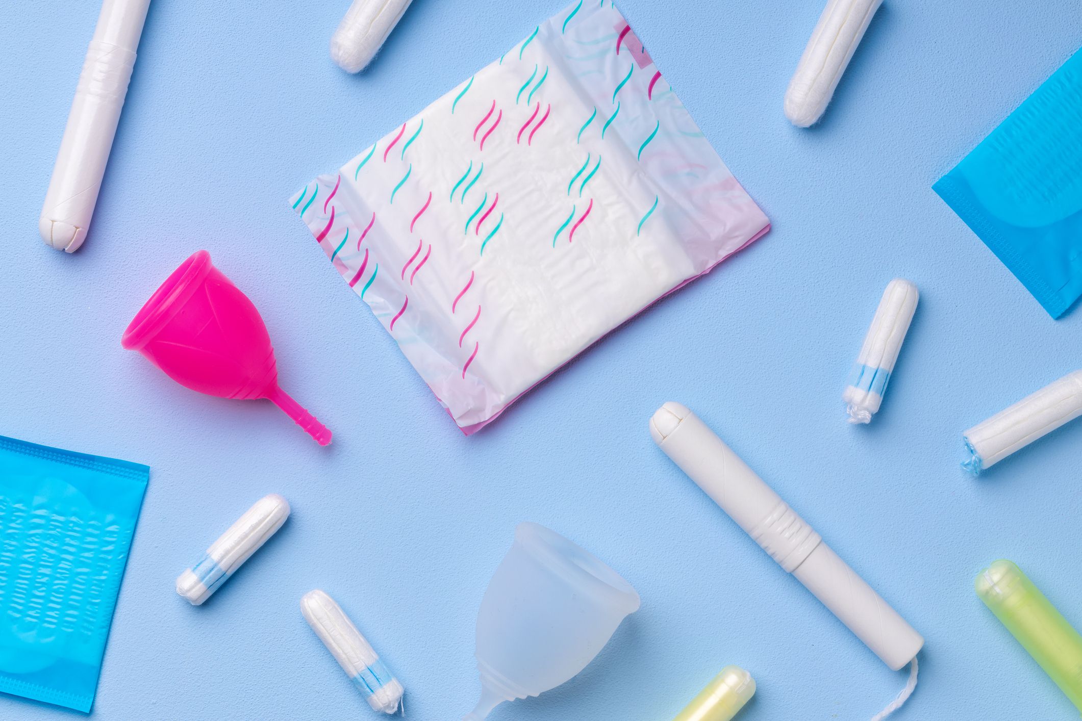 Menstrual hygiene products including cup, pads and tampon top view