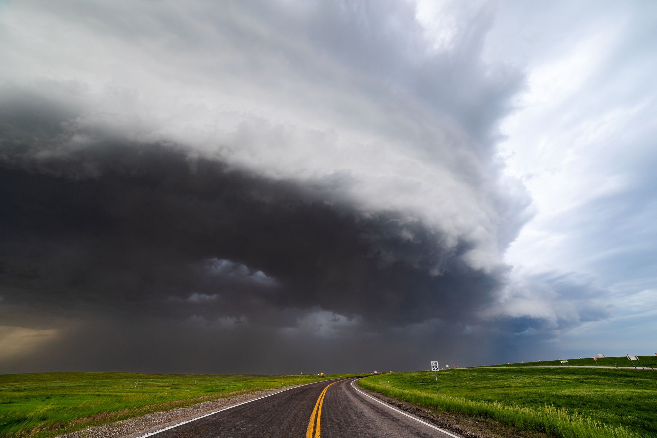 Derecho storm with dramatic sky and shelf cloud approaching Kadoka, South Dakota.