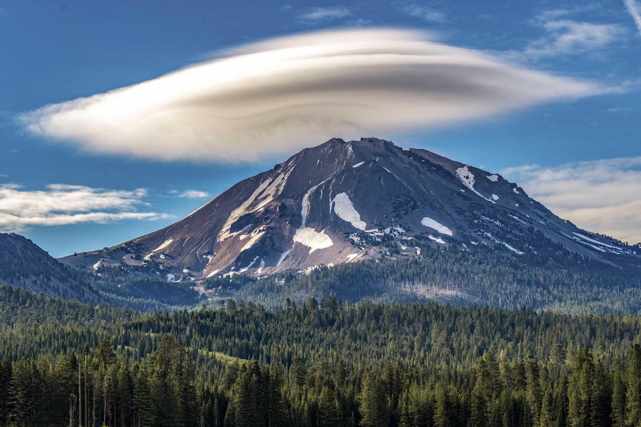 A lenticular cloud passing over Mt. Lassen in Lassen Volcanic National Park.