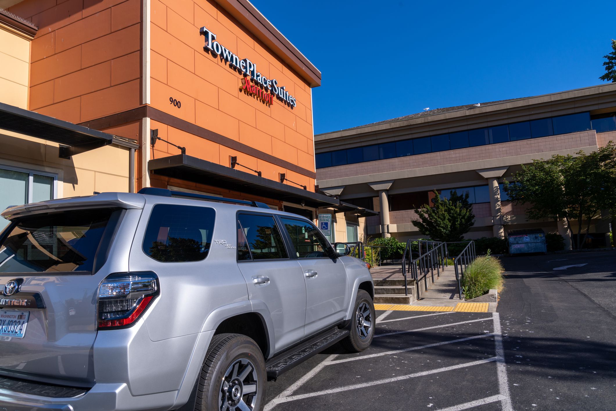 Olympia, Washington - July 7, 2021: Exterior of a Marriott Towneplace Suites hotel in the downtown area