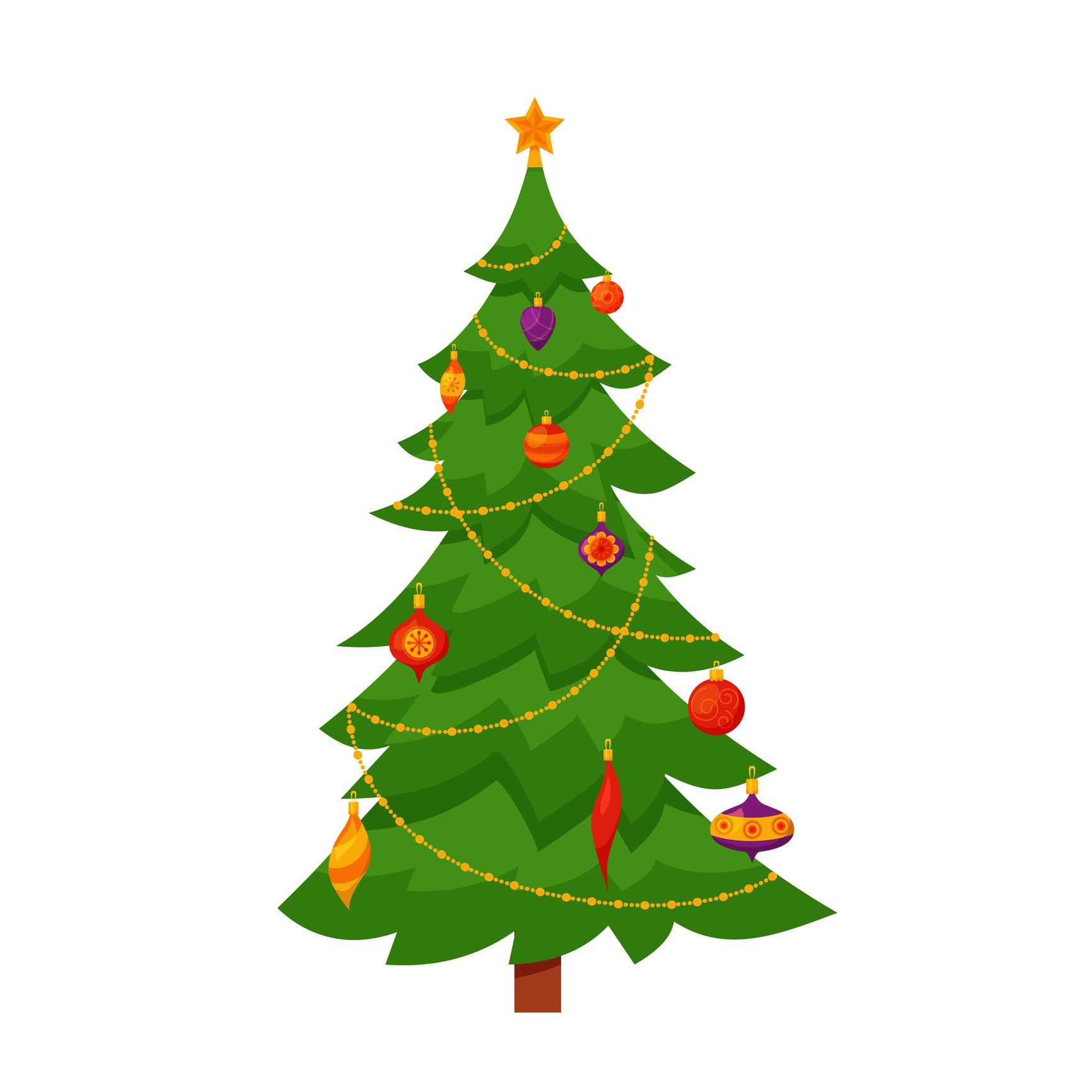 Christmas tree decorated vector illustration. Star, decoration balls and light bulb chain, gift boxes in colorful cartoon flat style. Merry Christmas and a happy New Year design for greeting cards.