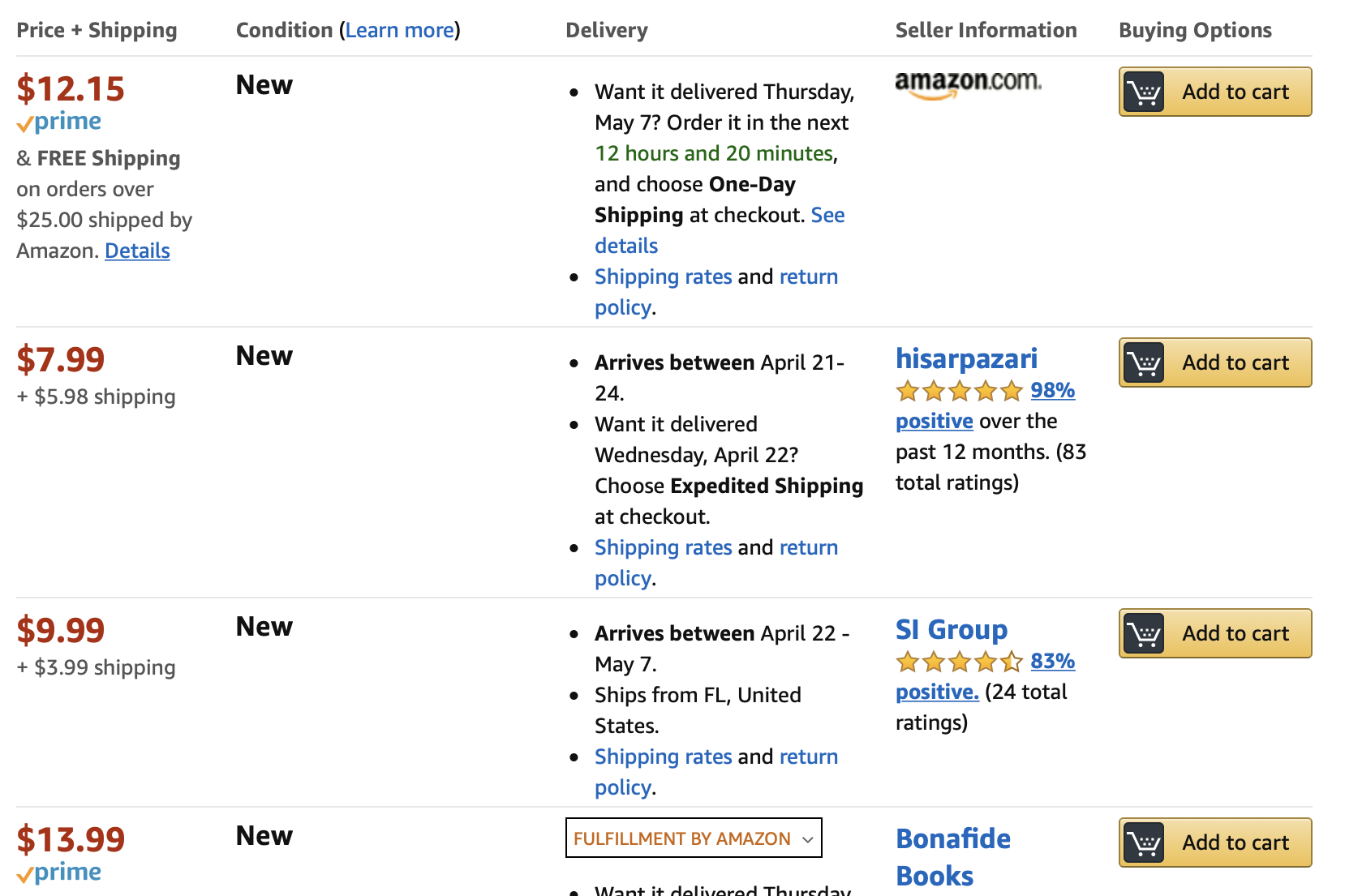 third party offers of book on Amazon