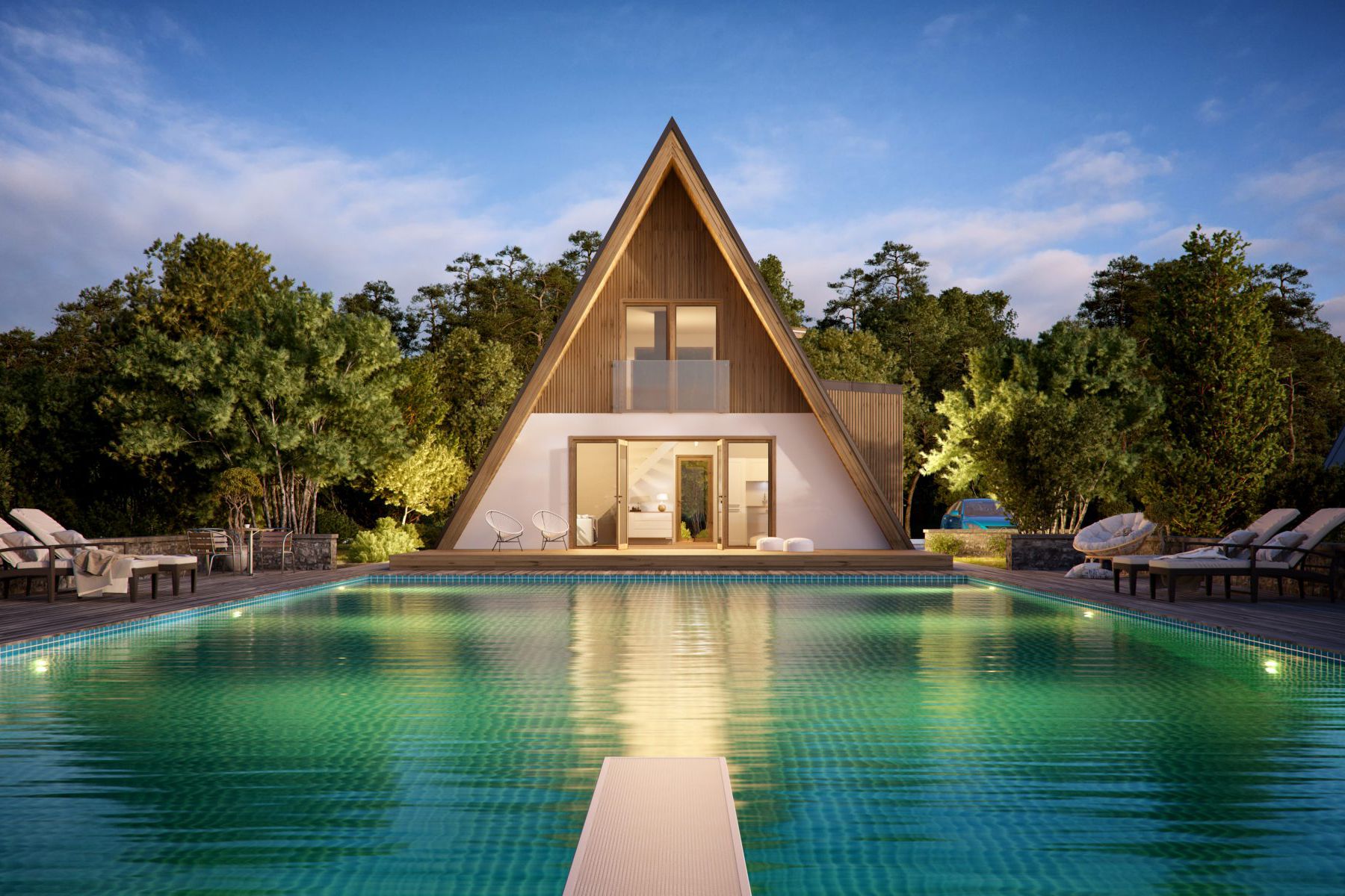 Avrame A-Frame Cabin in front of large lit up pool