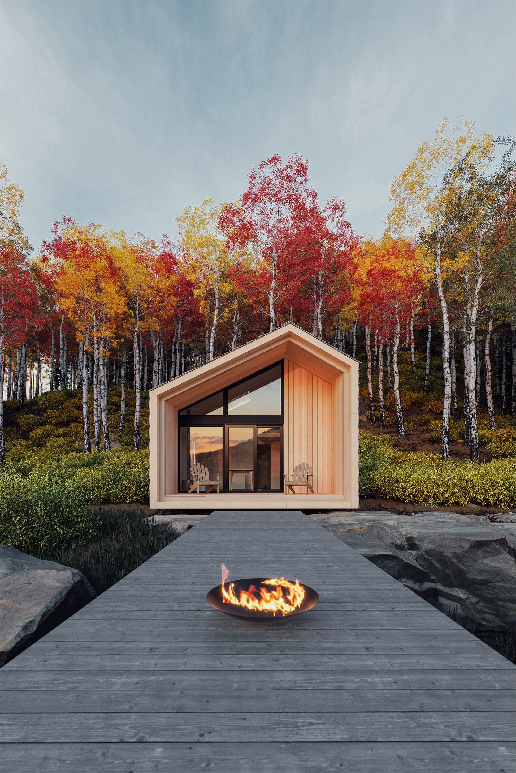 Ultra modern and minimalistic cabin in a scenic autumn birch forest by The Backcountry Hut Company