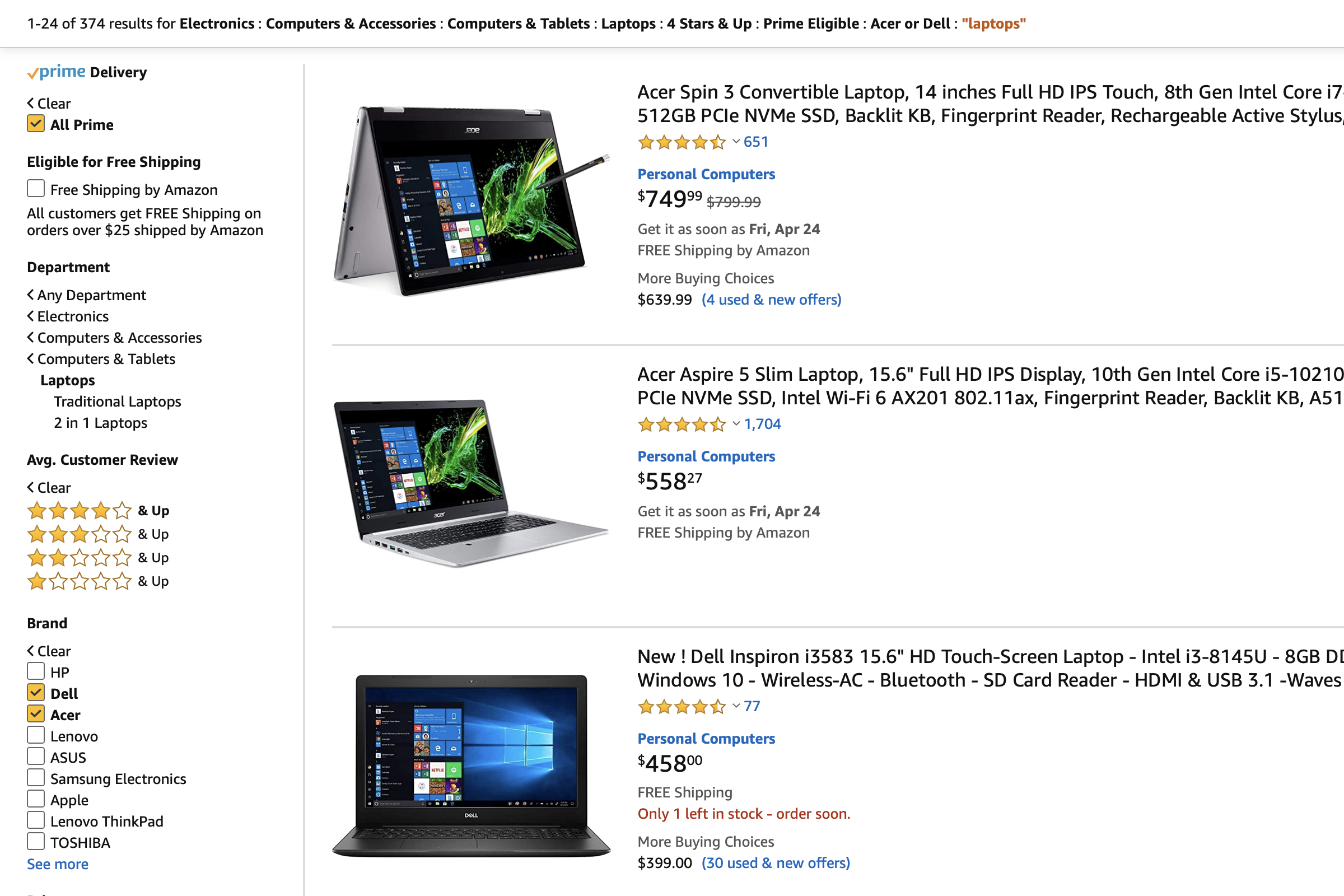 screenshot of Amazon using filters to look at laptop selection