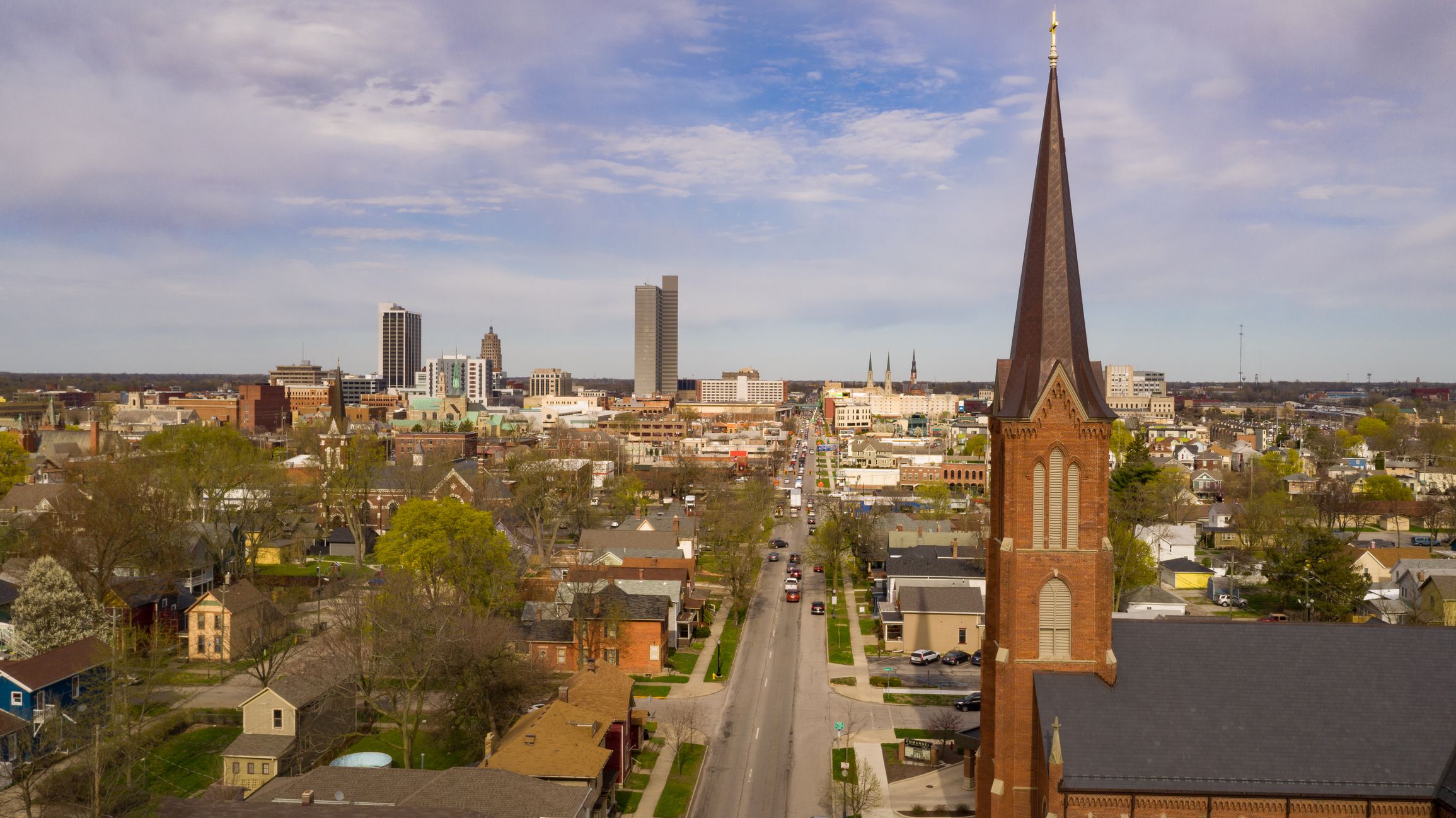Aerial view over the downtown city skyline of Fort Wayne Indiana USA