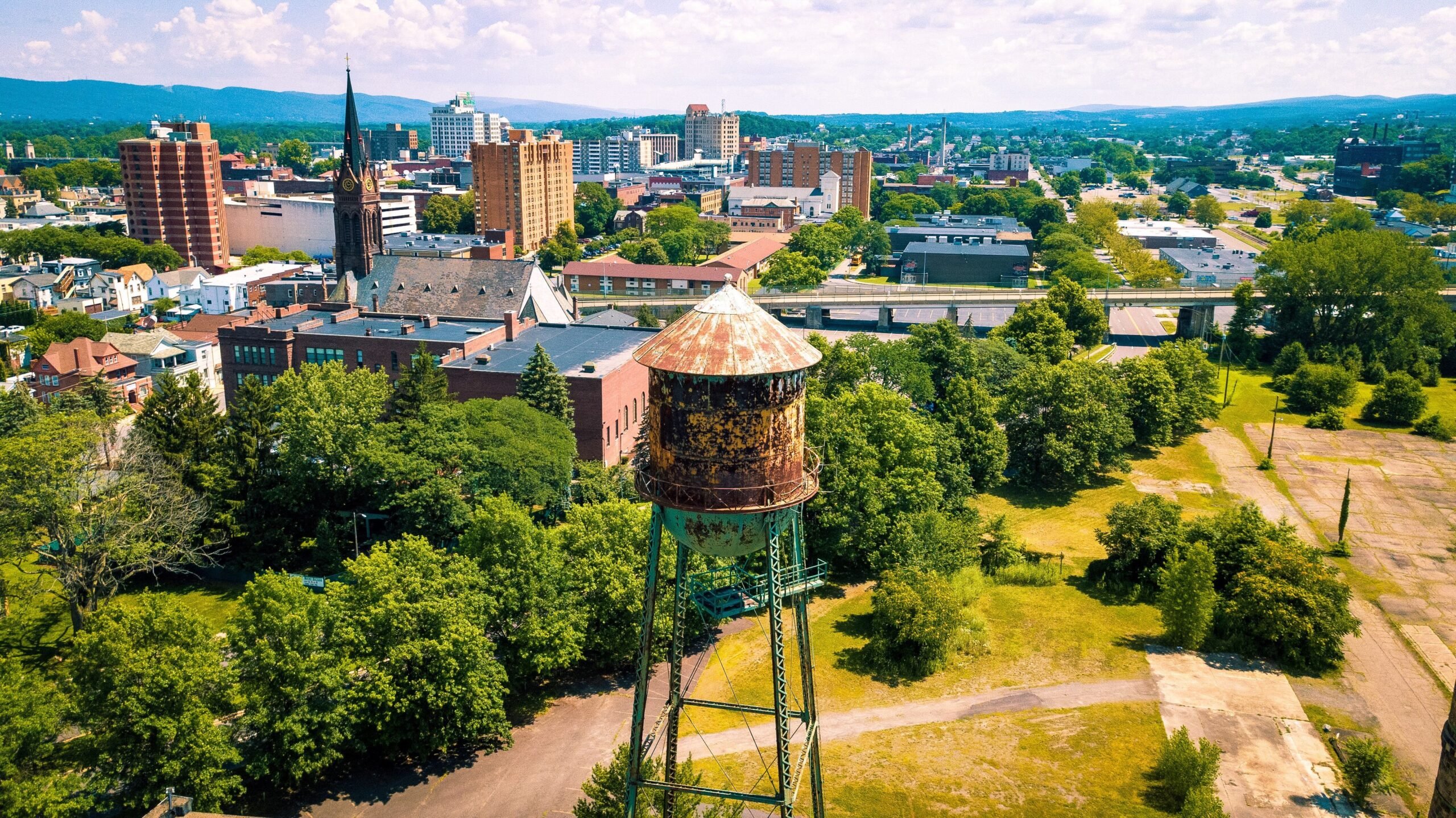 A defunct water tower looks over the Wilkes-Barre, Pa. skyline.
