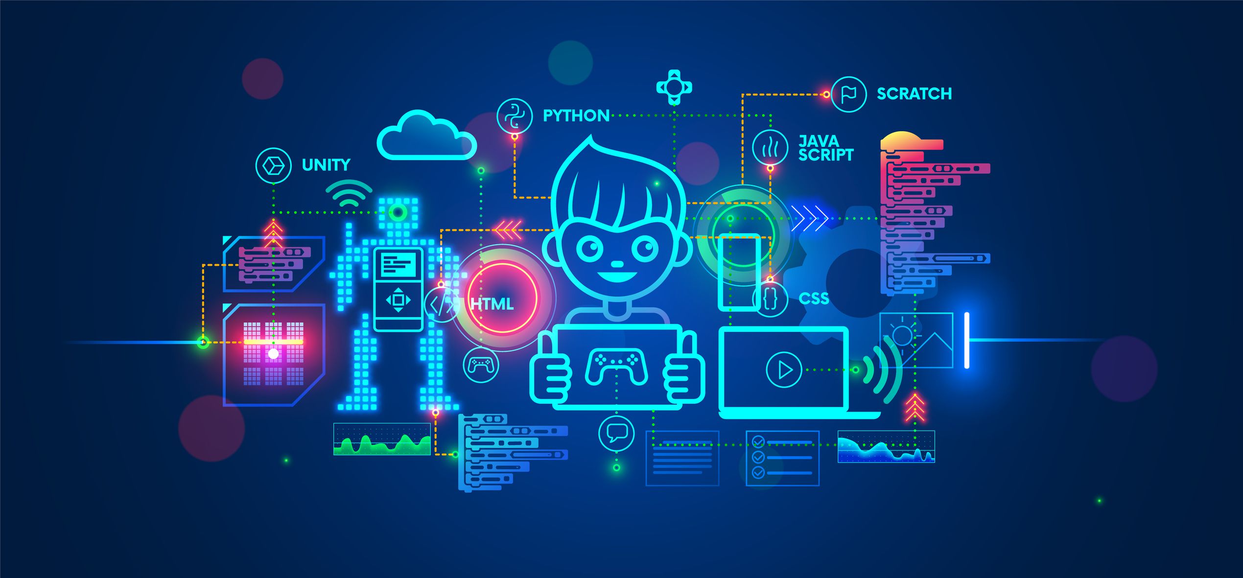 Kids learning to coding, programming in online IT school. Engineering courses in internet for talented children. Boy studying game development, robotics technology, creations program code on computer