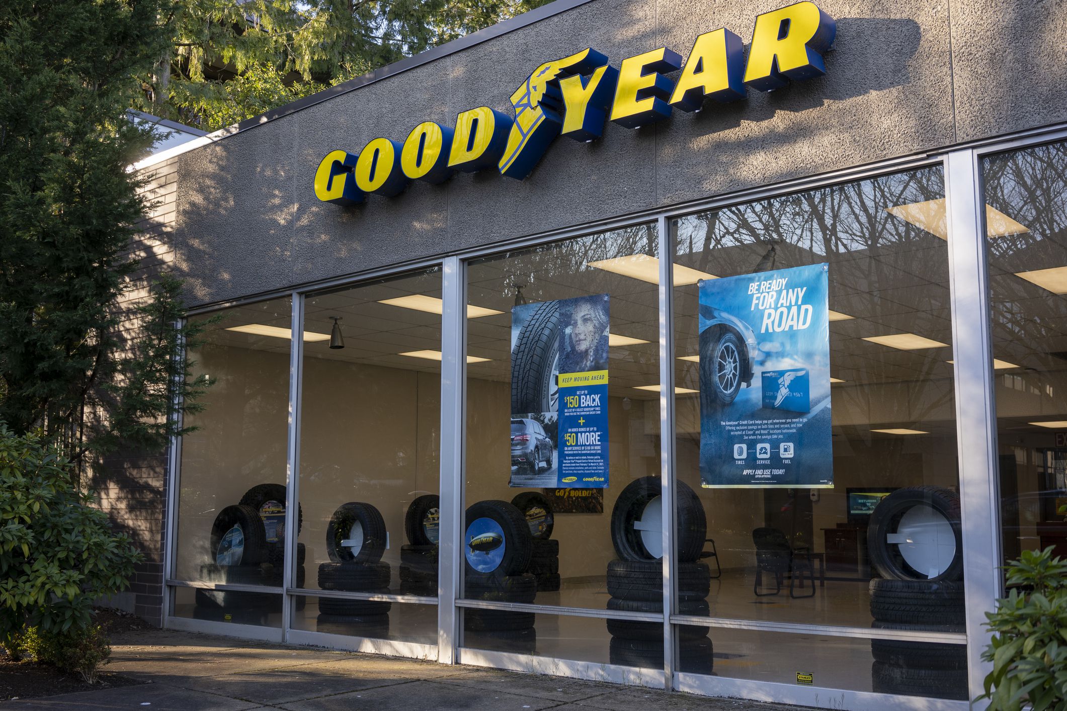 Lake Oswego, OR, USA - Mar 11, 2021: The Goodyear tire shop in Lake Oswego, Oregon. The Goodyear Tire and Rubber Company is an American tire manufacturing company based in Akron, Ohio.