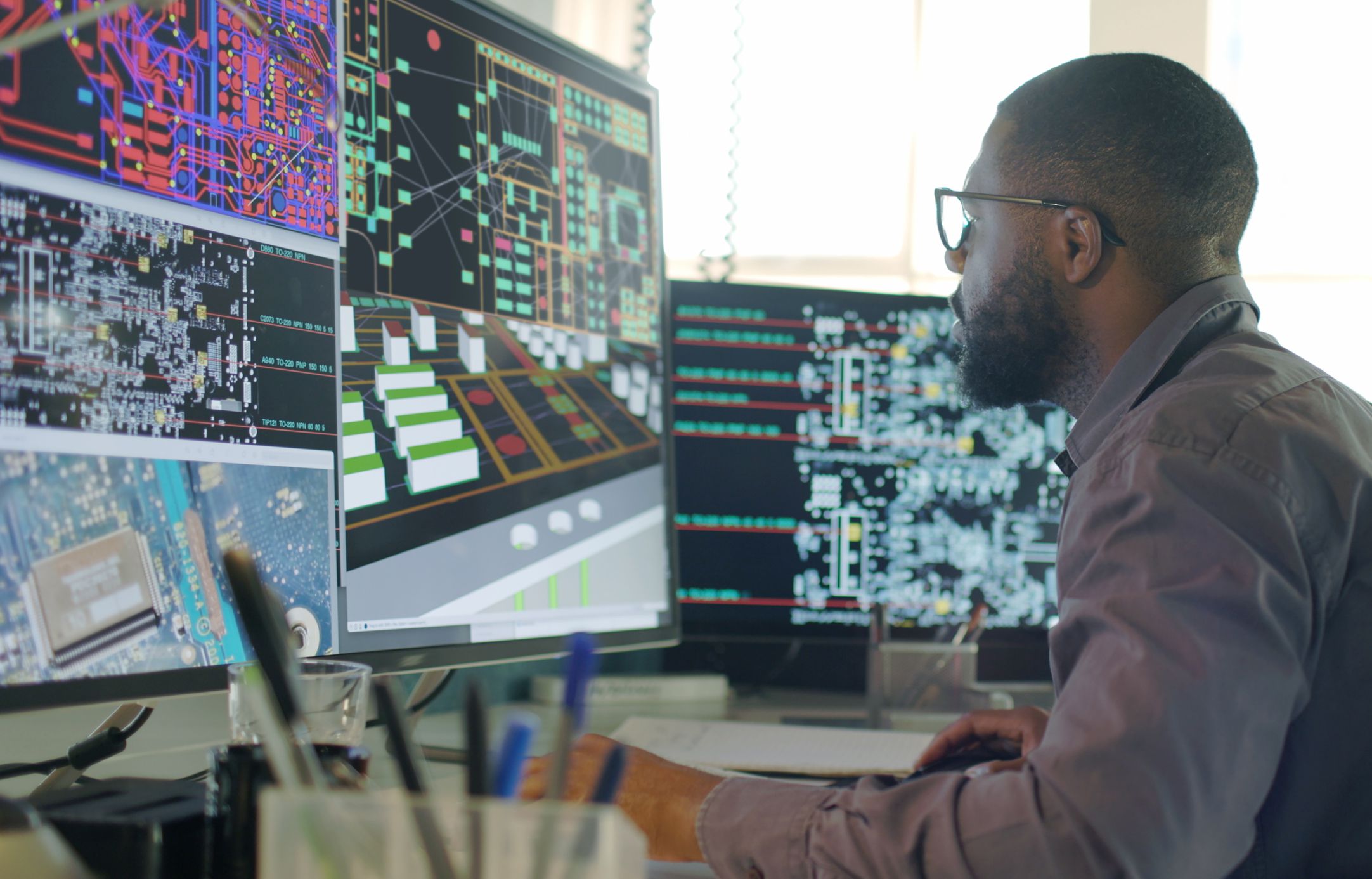 Stock image of an Afro-Caribbean male designing electronic circuit boards ( PCBs).He’s sitting at a desk with a large computer screen displaying a variety of apps & PCB illustrations.