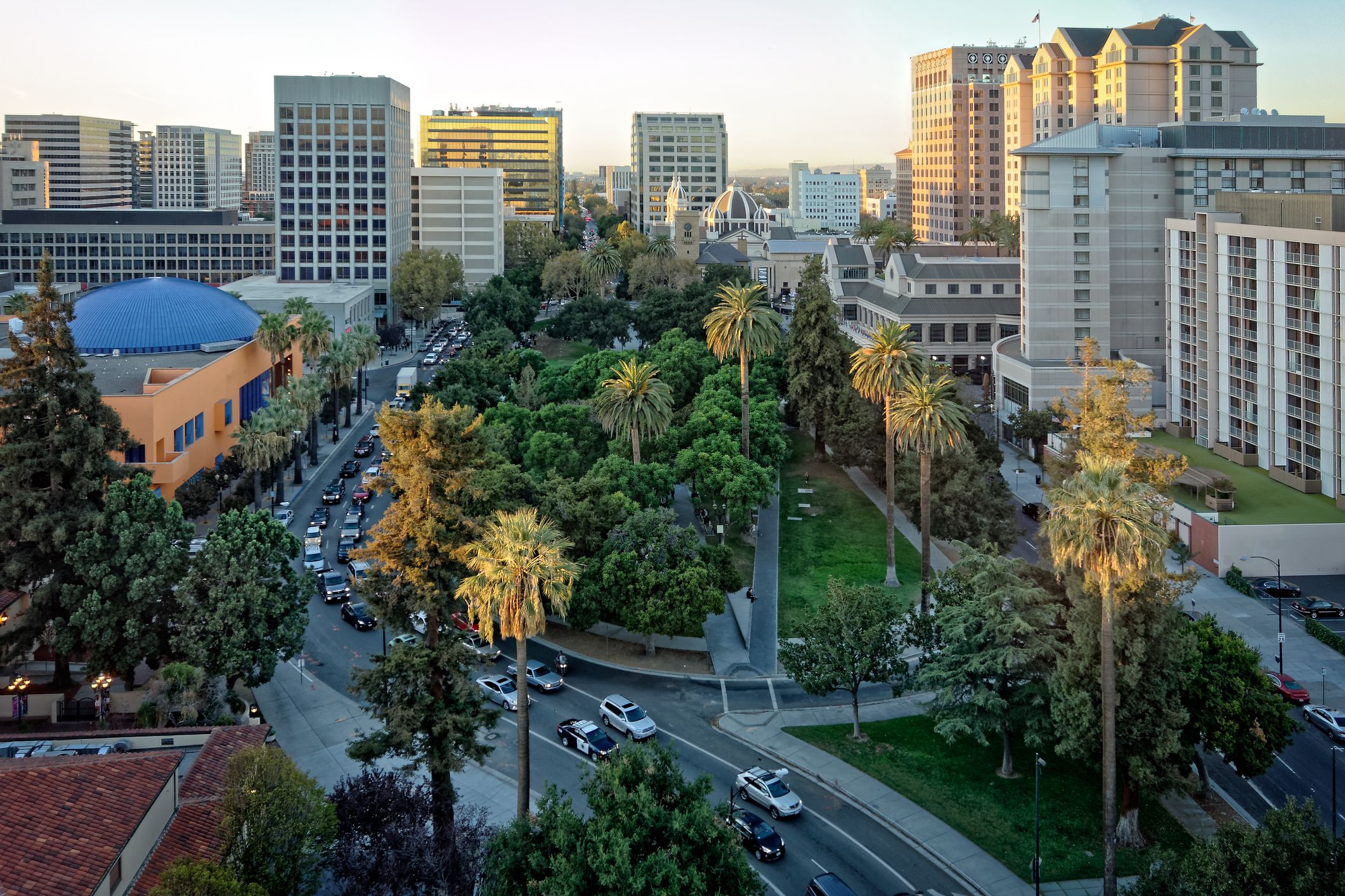 An aerial and panoramic view of the historic Plaza de Cesar Chavez in San Jose, CA.
