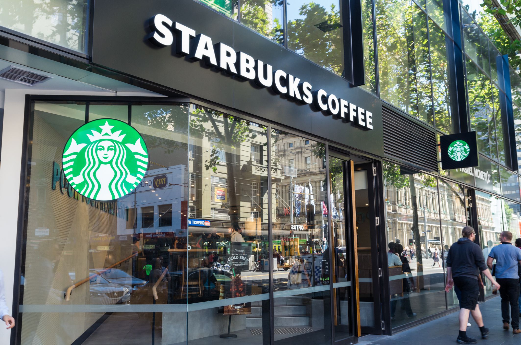 Melbourne, Australia - February 23, 2017: Starbucks Coffee is an American multinational coffee shop chain. This store is in central Melbourne.