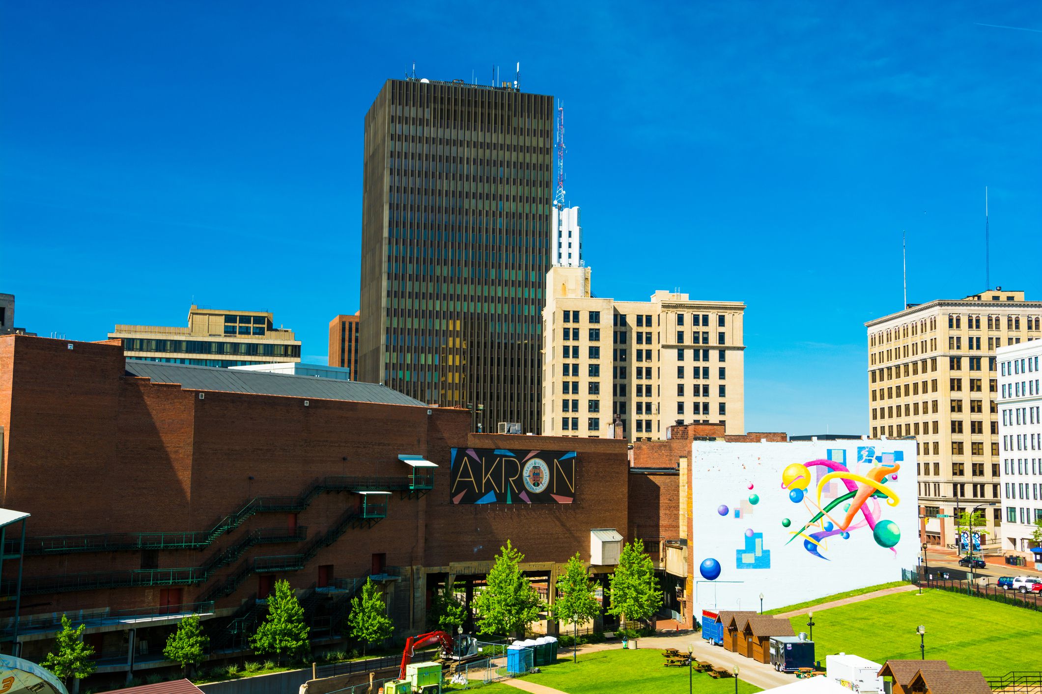 Akron, United States - May 29, 2014: Downtown Akron skyline with the words