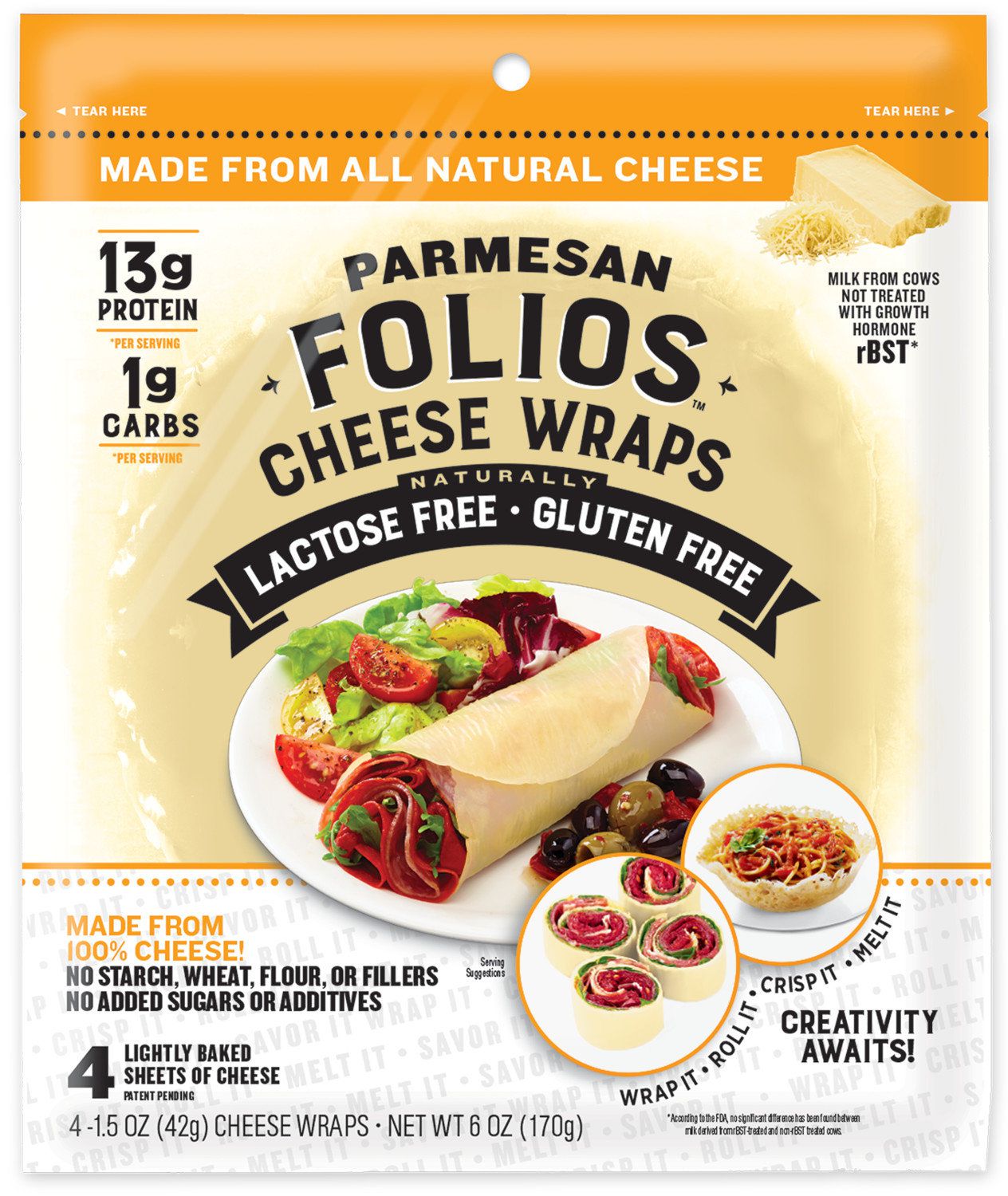 Package of Parmesan Folios Cheese Wraps displaying a wrap filled with vegetables, with smaller images showing the wraps used in sushi-style rolls and as a crisp bowl. It highlights “Lactose Free” and “Gluten Free.”