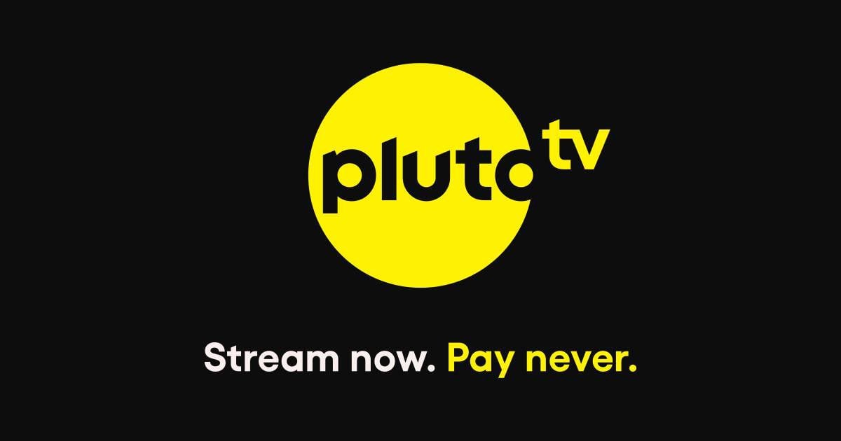 Pluto TV logo in a yellow circle on a black background with the text: “Stream now. Pay never.” The words “Pay never” are highlighted in yellow.
