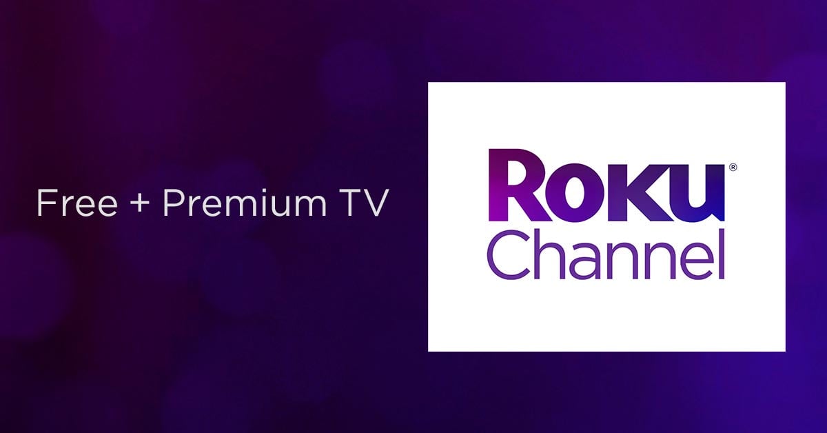 A purple background with white text reading "Free + Premium TV" next to the Roku Channel logo in purple and gray on a white rectangle.