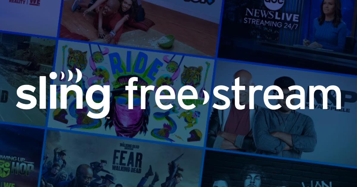 White text saying "sling free stream" over a collage of TV show and movie images, including news, reality shows, and dramas, showcasing a variety of streaming content.