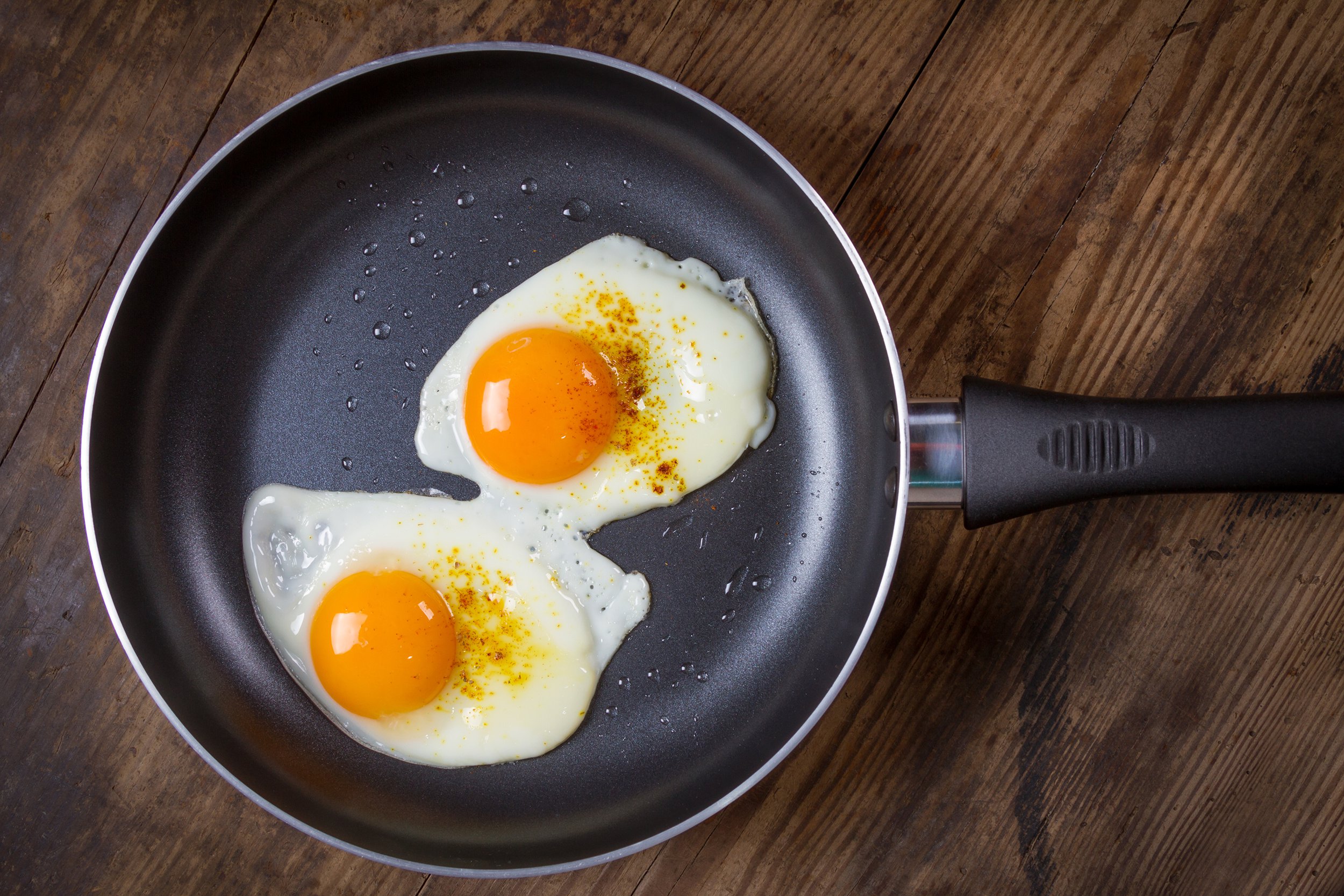 Nonstick pan with two fried eggs