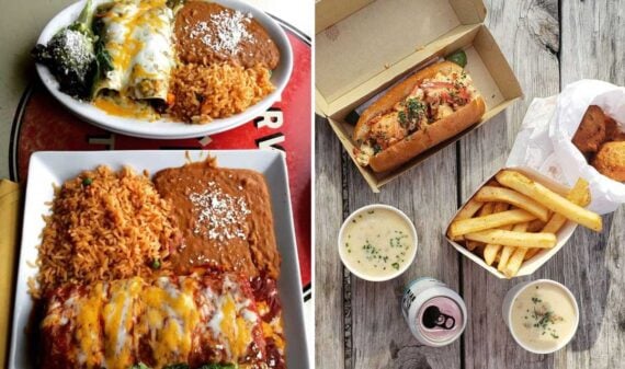 Two plates of Mexican food with enchiladas, rice, and beans&mdash;perfect examples of the best $12 dishes&mdash;sit on the left. On the right, a lobster roll with fries, chowder, and a drink served on a rustic wooden table.