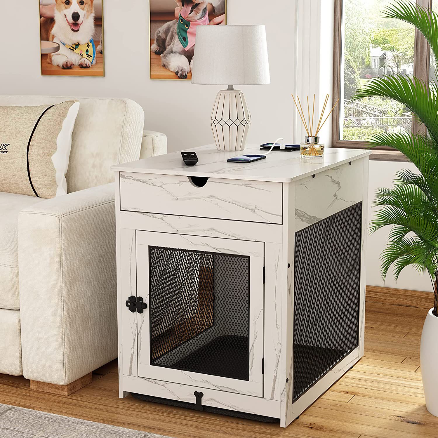 Dog Crate with Storage Drawer and Charging Station