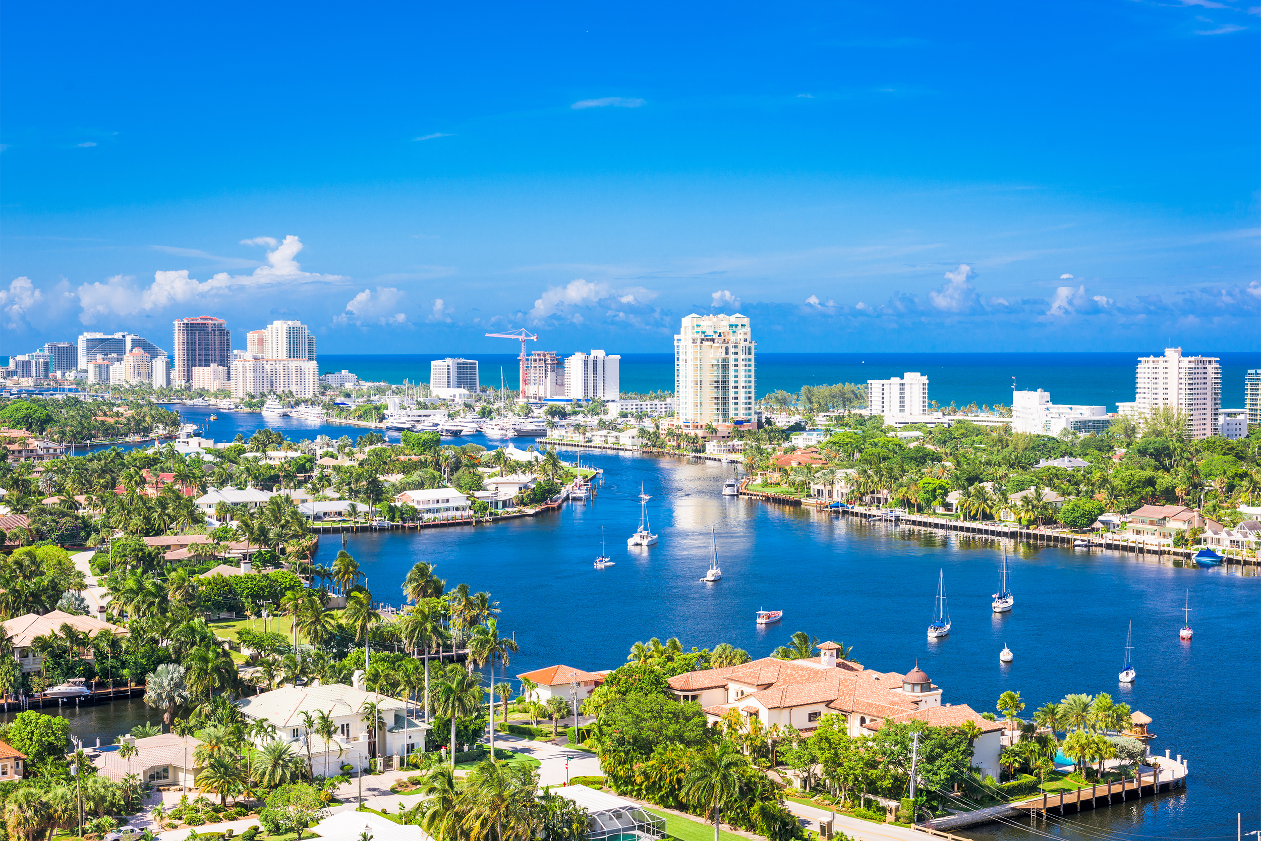 Aerial of Fort Lauderdale, Florida, skyline over Barrier Island on a sunny day