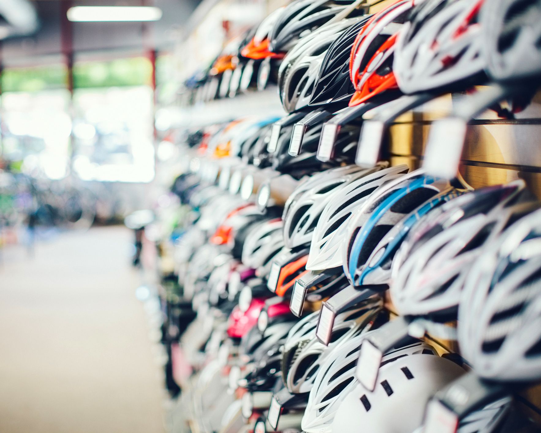 Bicycle helmets at sports store