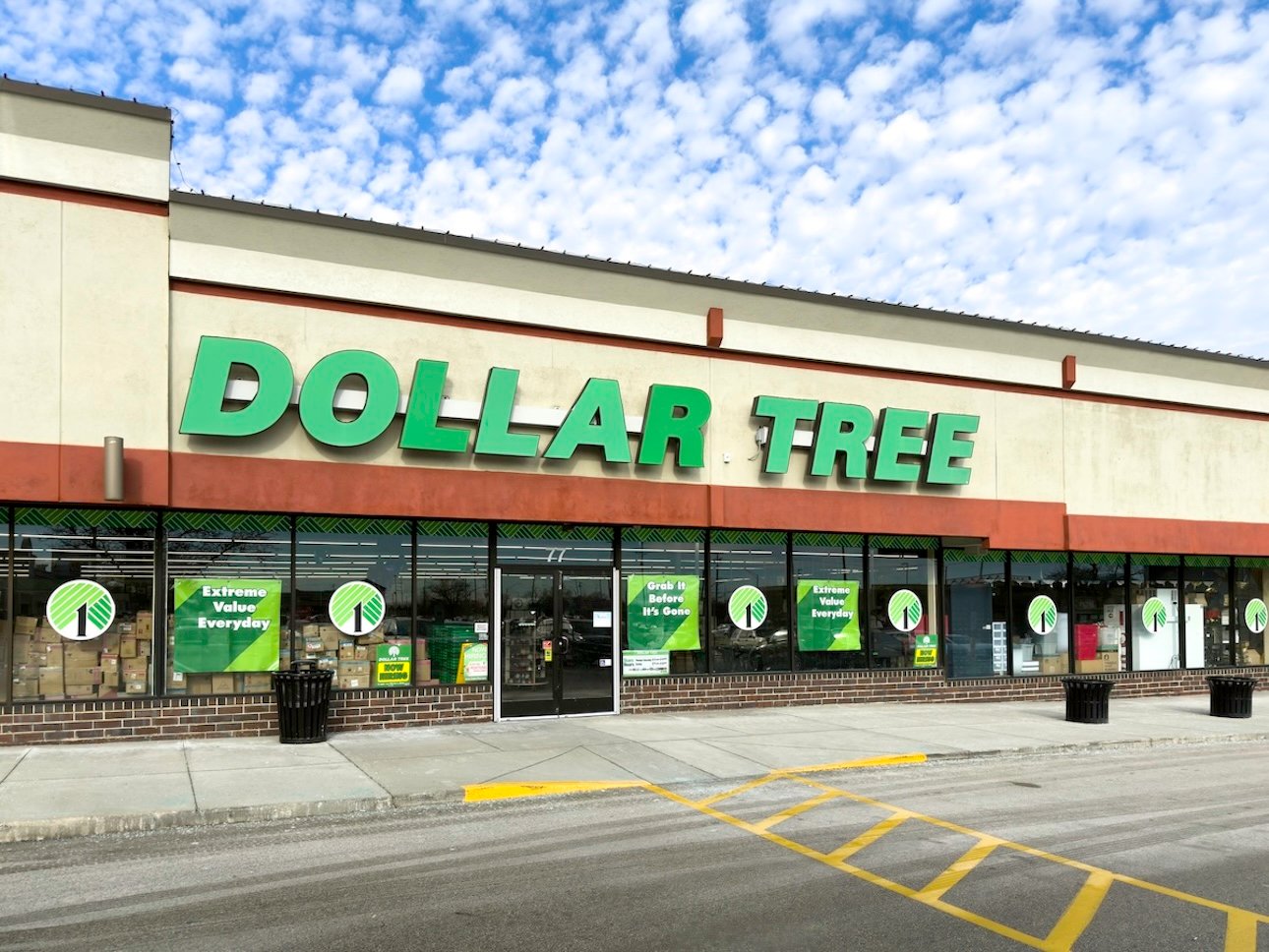 The front of a dollar store features large green signage, glass windows with green promotional posters, and a sidewalk with yellow painted lines beneath a partly cloudy sky—hinting at dollar store secrets inside.