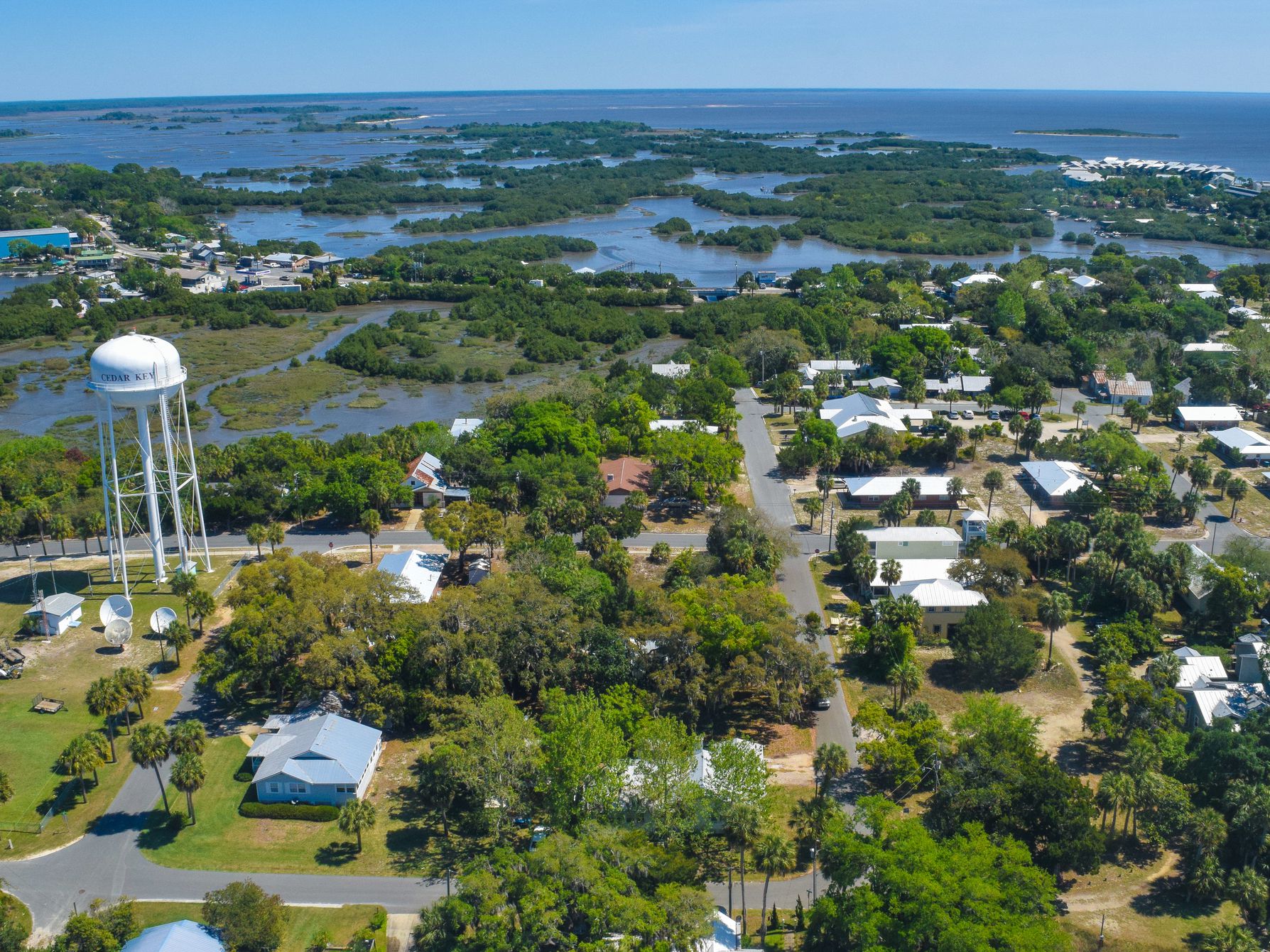Cedar Key water tower and coastal landscape.