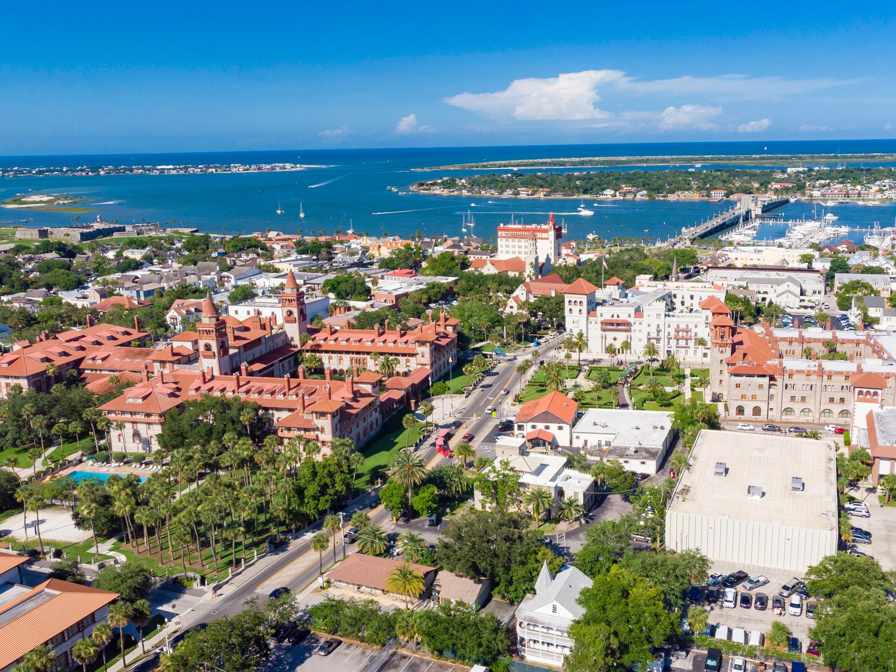 Drone view of historic St. Augustine, Florida.