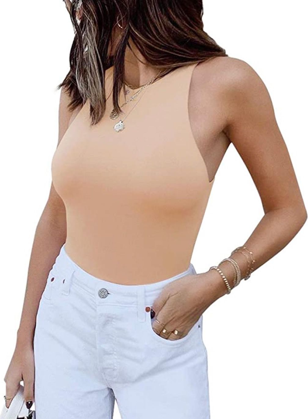 REORIA Sleeveless Racer Back Halter Neck Bodysuit Tank Tops