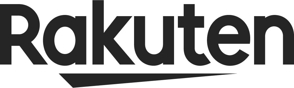A black logo for the company Rakuten, which gives users cash back on purchases made through its app.
