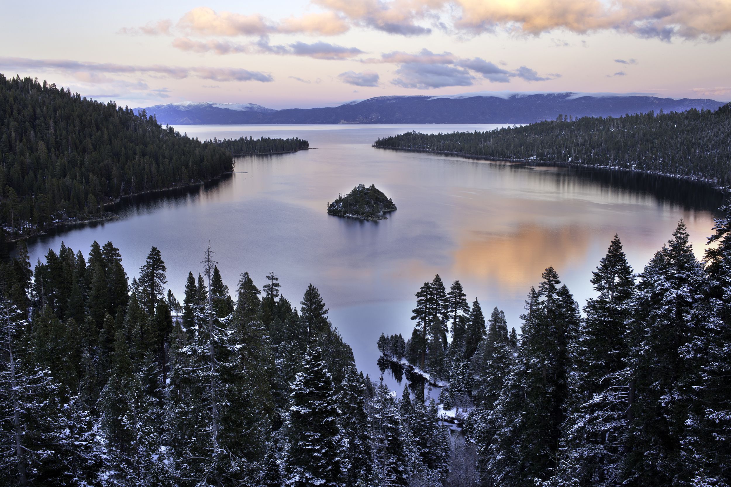 Sunset at Emerald Bay in Lake Tahoe, California with snow during winter