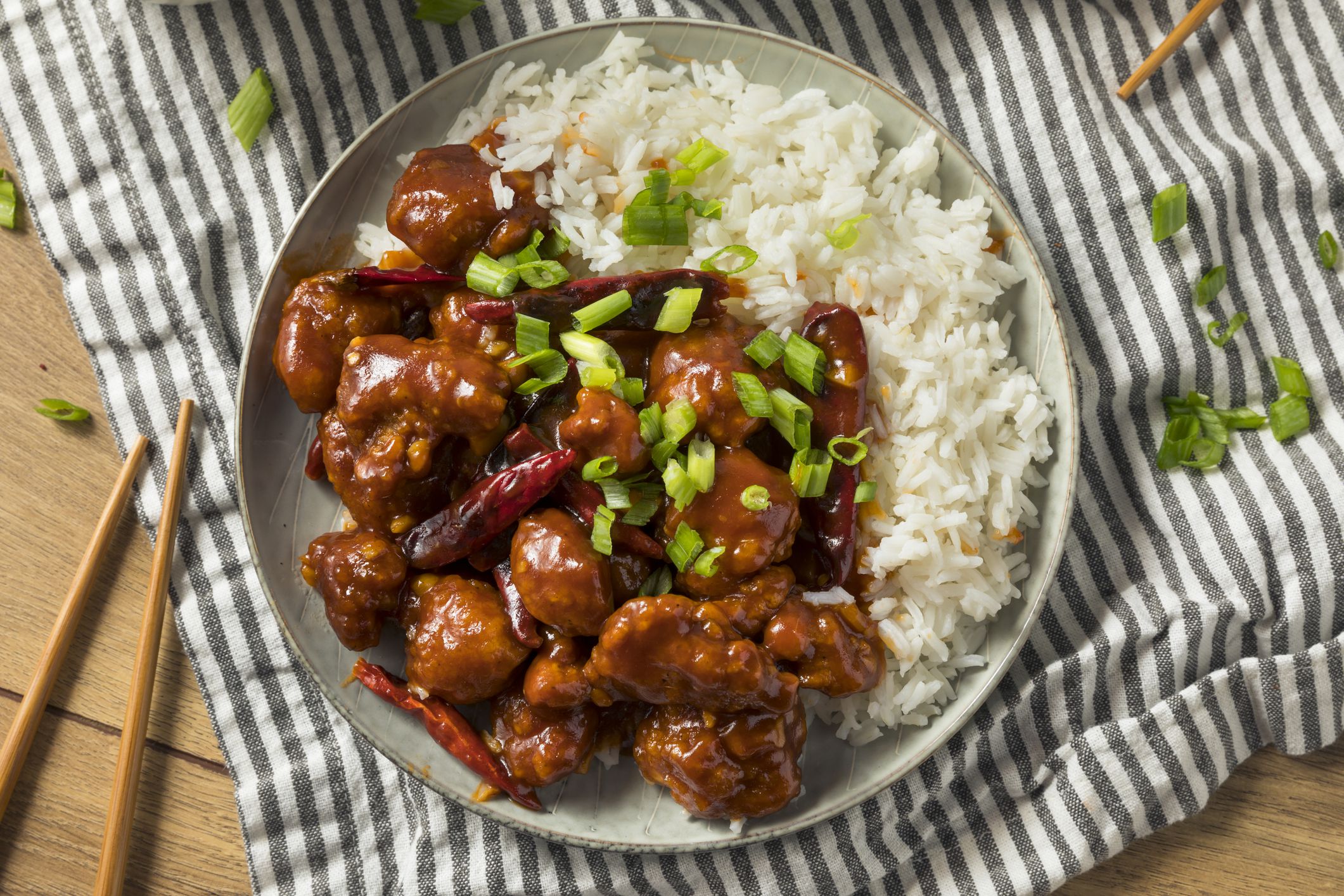 Homemade Chinese General Tsos Chicken with White Rice