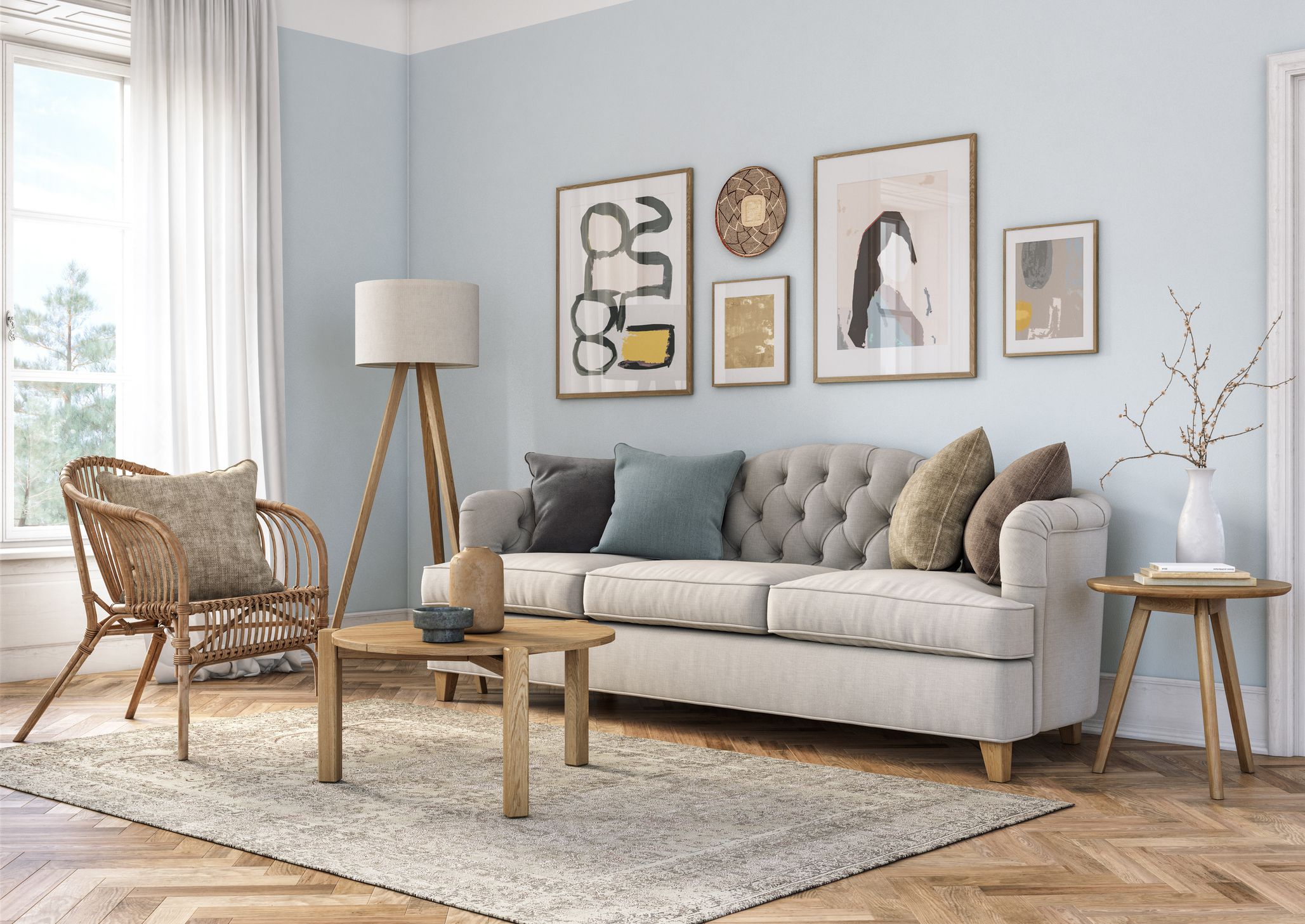 Bohemian living room interior 3d render with beige colored furniture and wooden elements and light blue colored wall