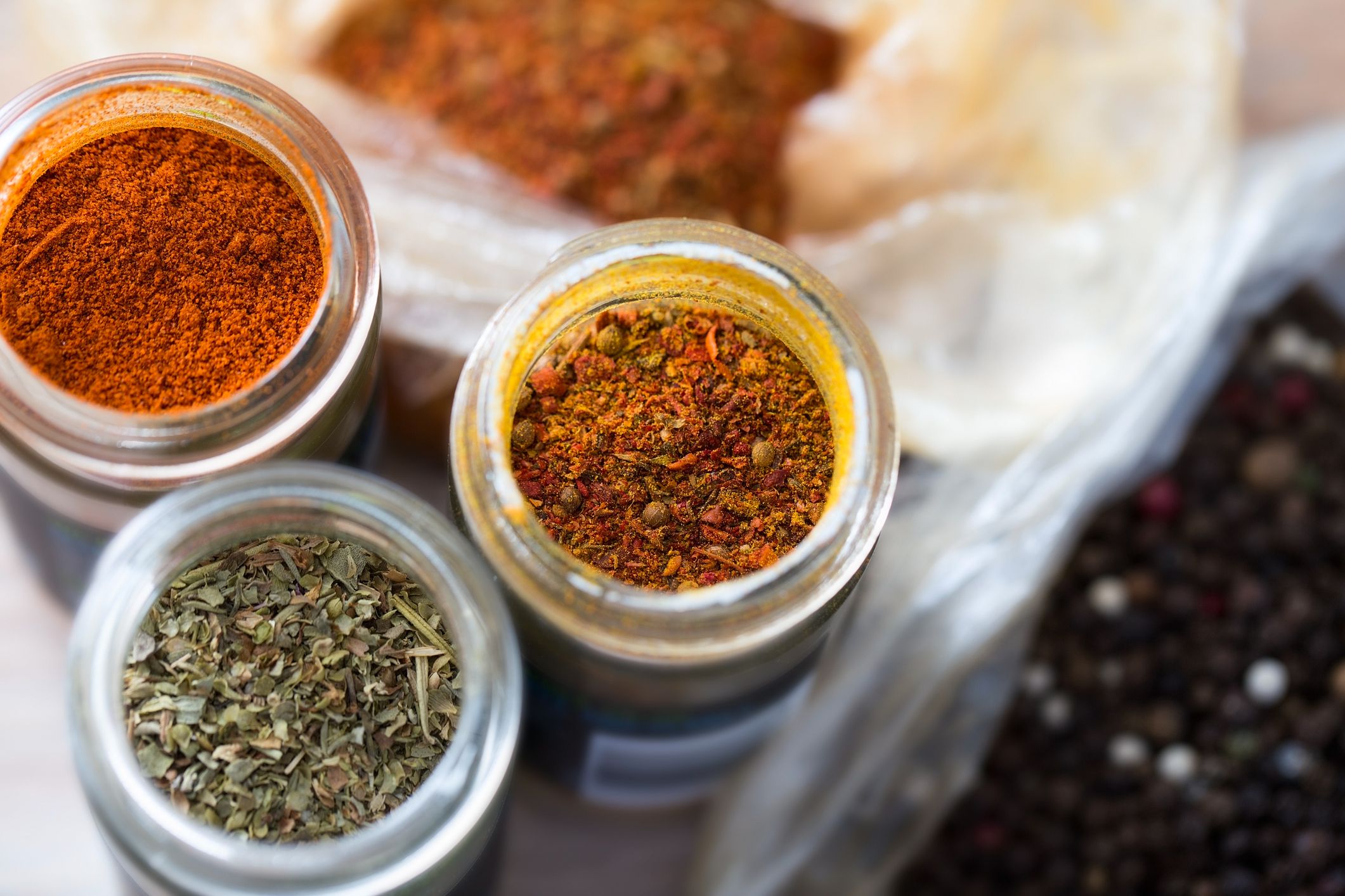 Cayenne hot pepper, Italian herbs, universal spice with coriander and turmeric