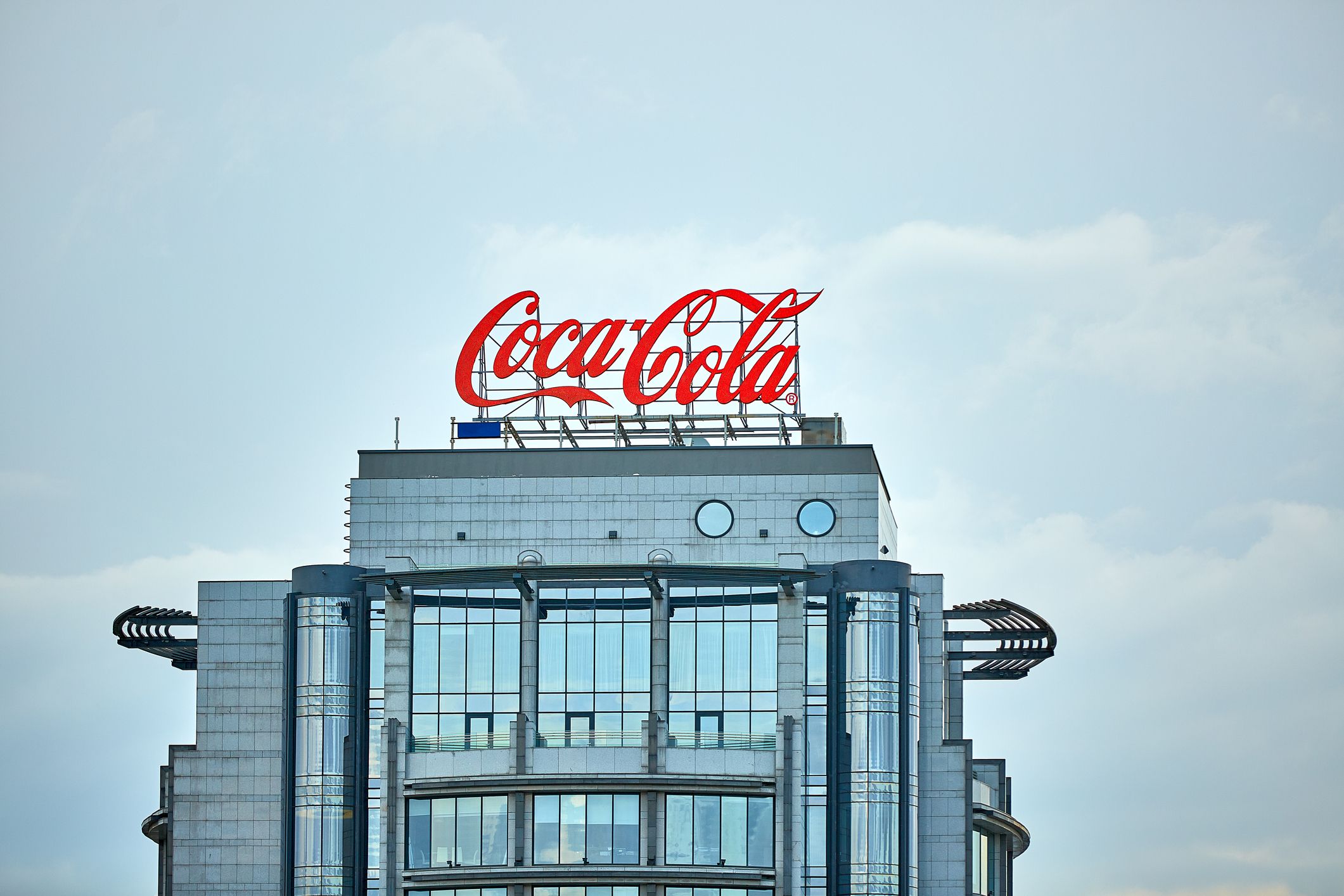 Moscow, Russia, May 8, 2019. Coca-Cola advertising on the roof of a building in the city center.