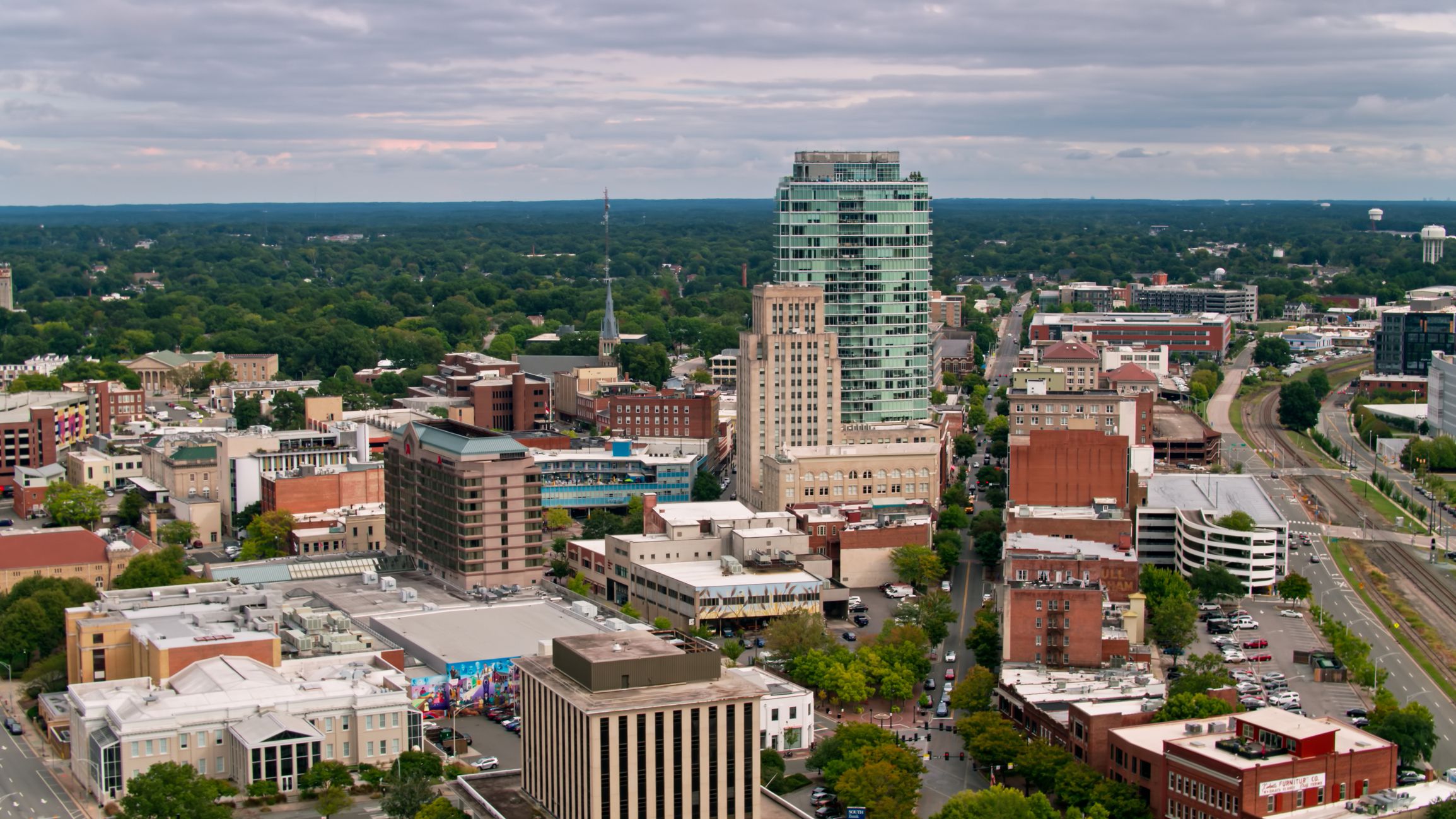 Aerial shot of Durham, North Carolina on an overcast day in Fall.