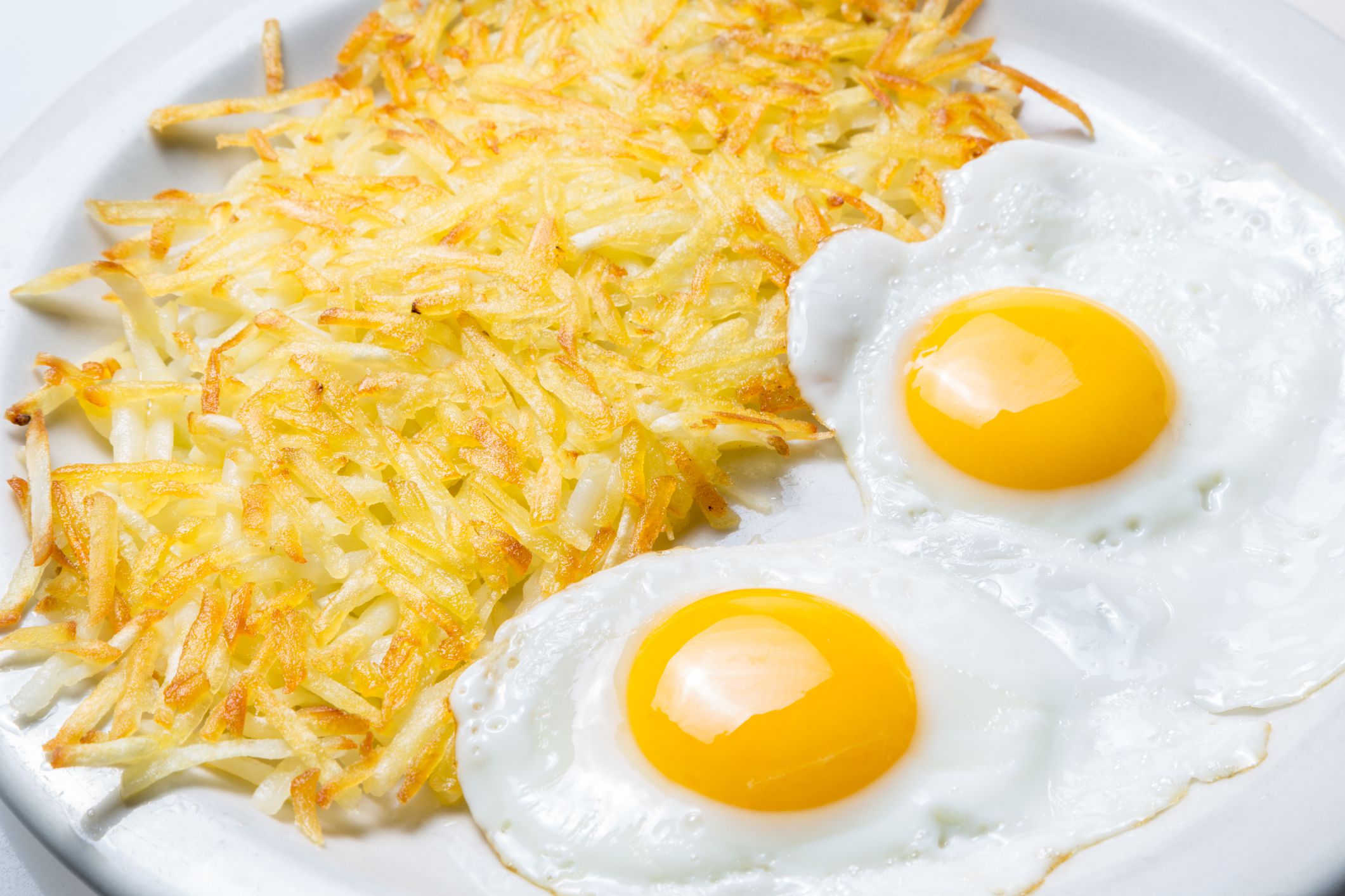 Over Easy Fried Eggs and Hash Browns Close up