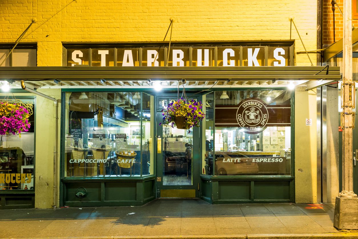 An exterior shot of the Pike Place Starbucks in Seattle.