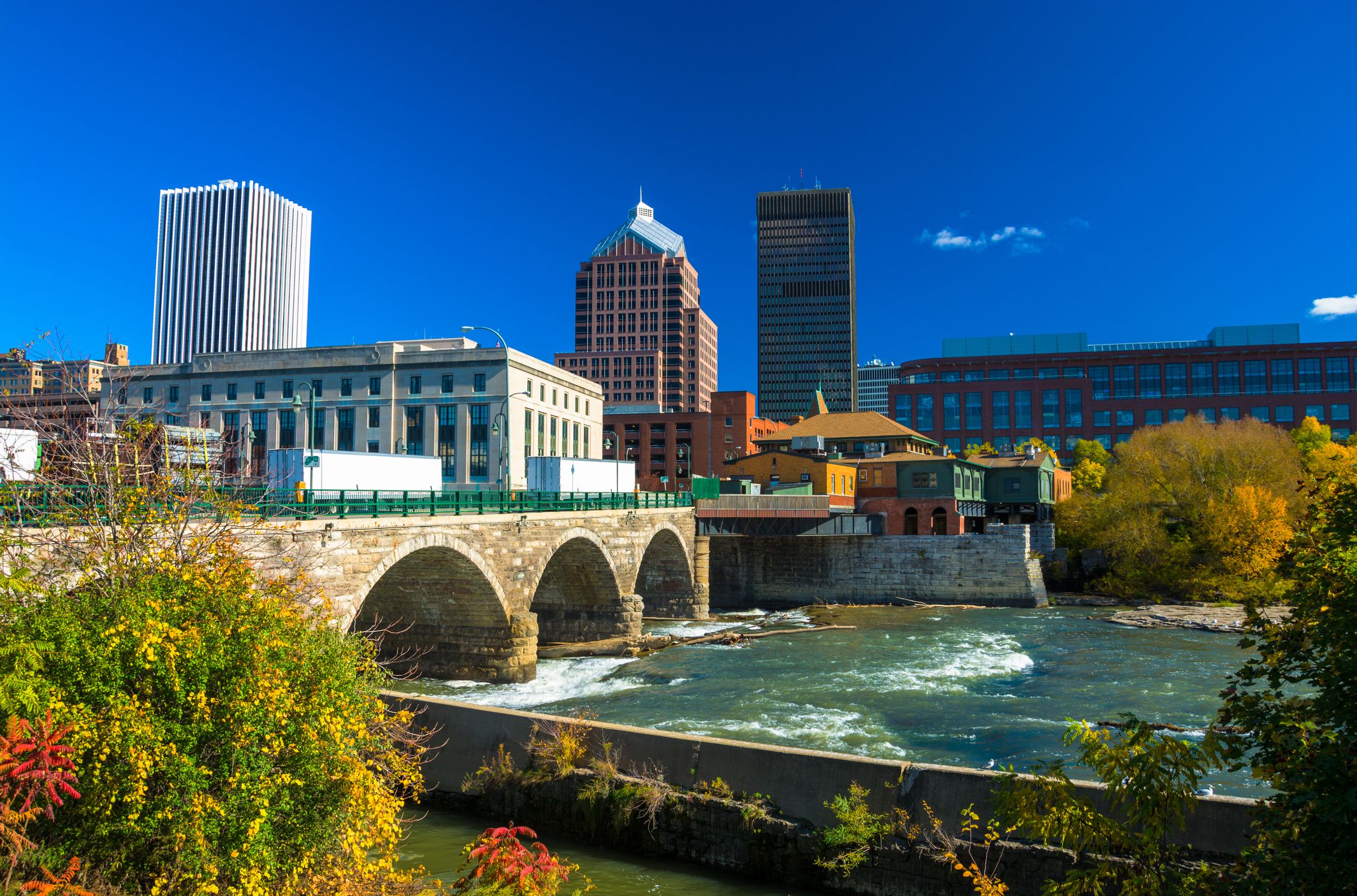 Downtown Rochester skyline in the background with a stone bridge, the Genesee River, and plants in the foreground. Picture taken during Autumn.