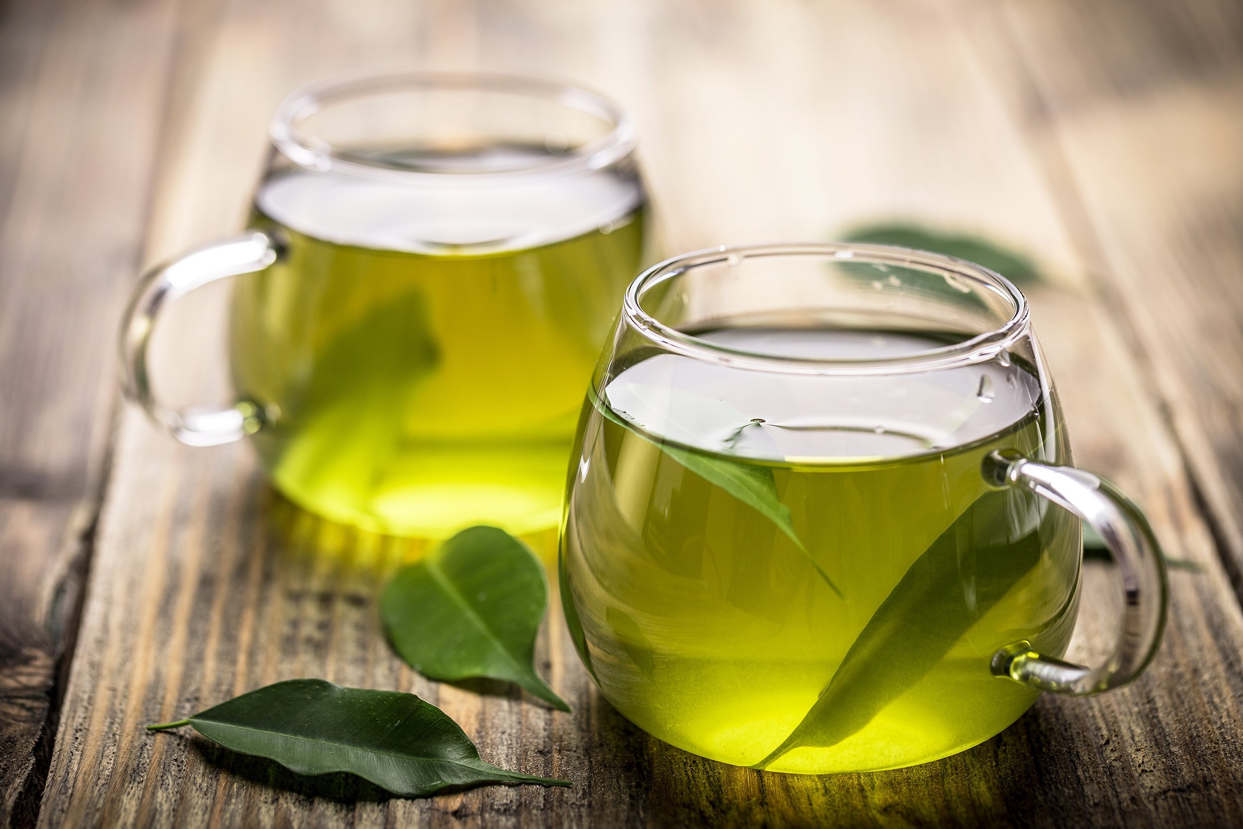 fresh green tea with tea leaves in the water
