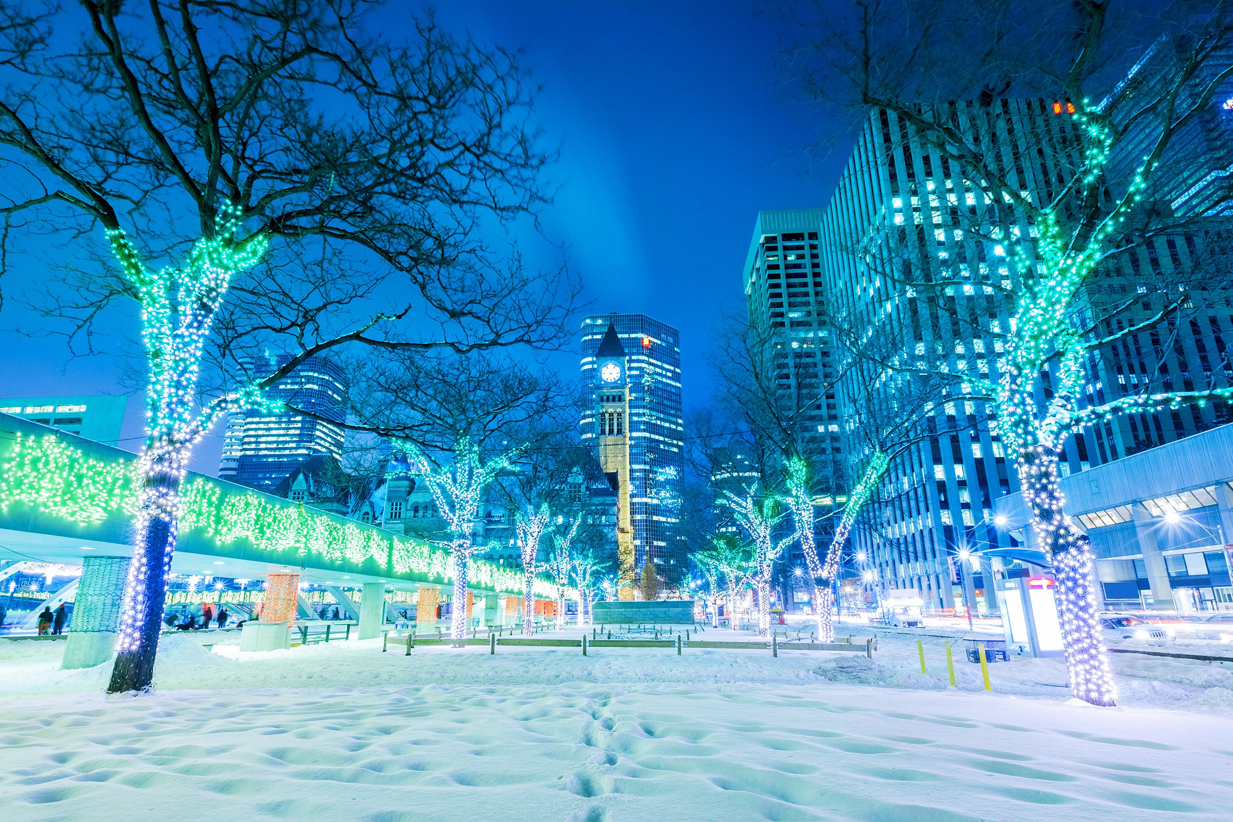 Toronto winter night with Christmas lights