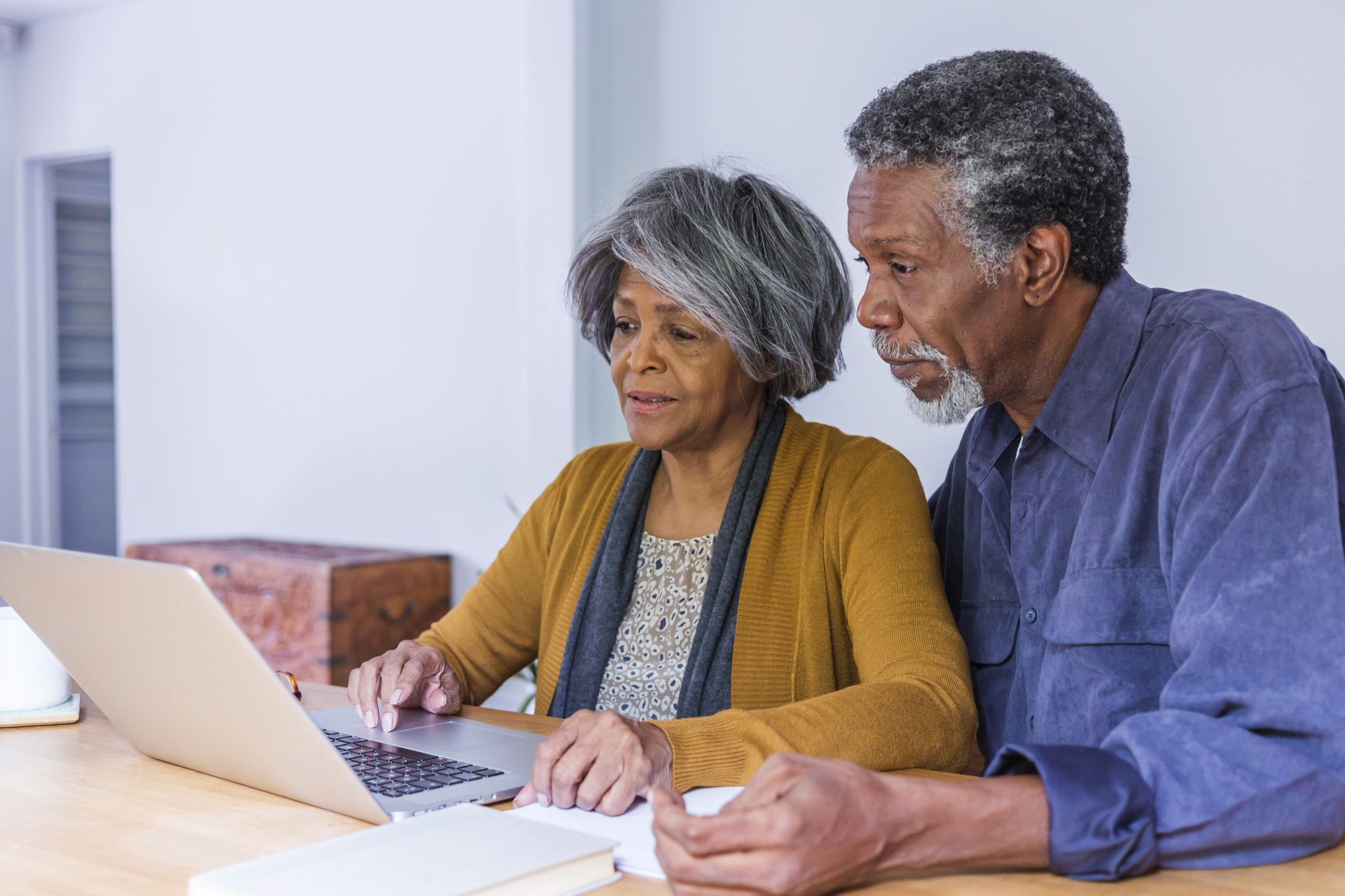 elderly couple looking at computer together