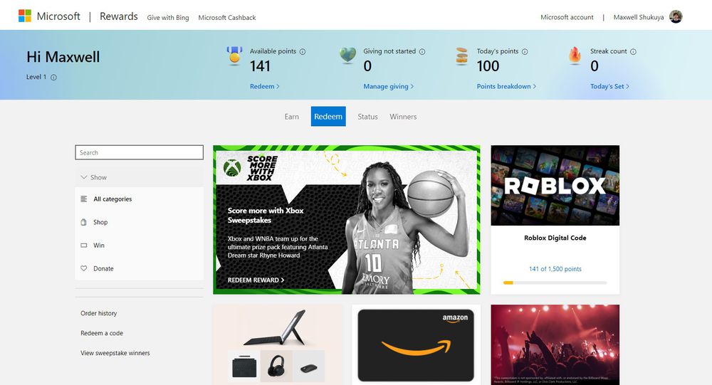 Microsoft Rewards Redemption Page