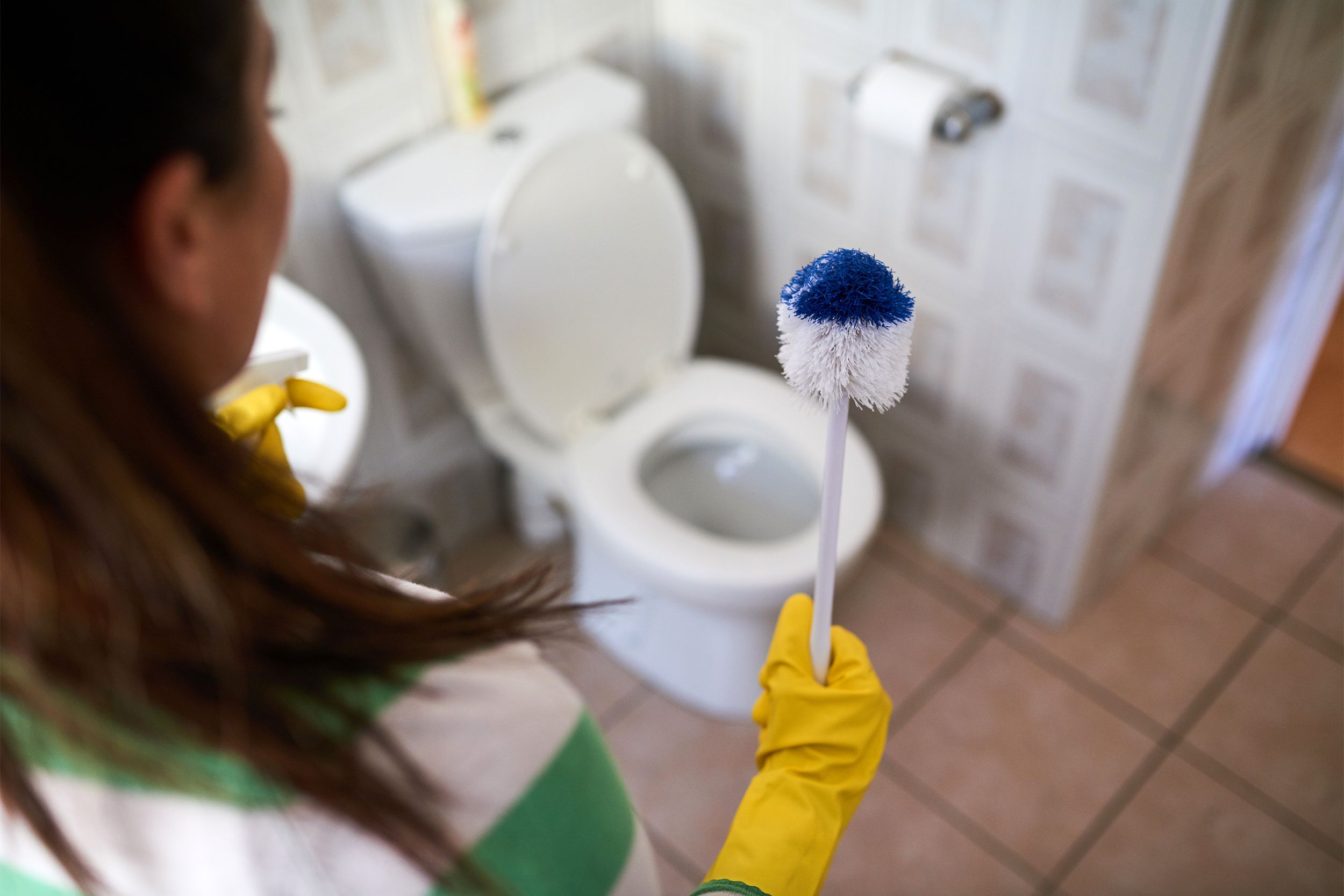 Cleaning the toilet with a toilet brush