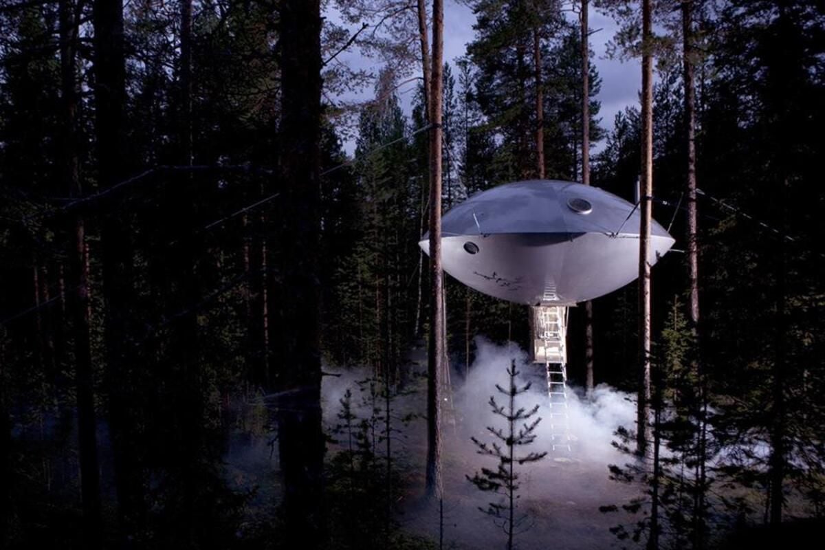 Exterior Surrounded By Trees of The UFO of Treehotel, Harads, Sweden